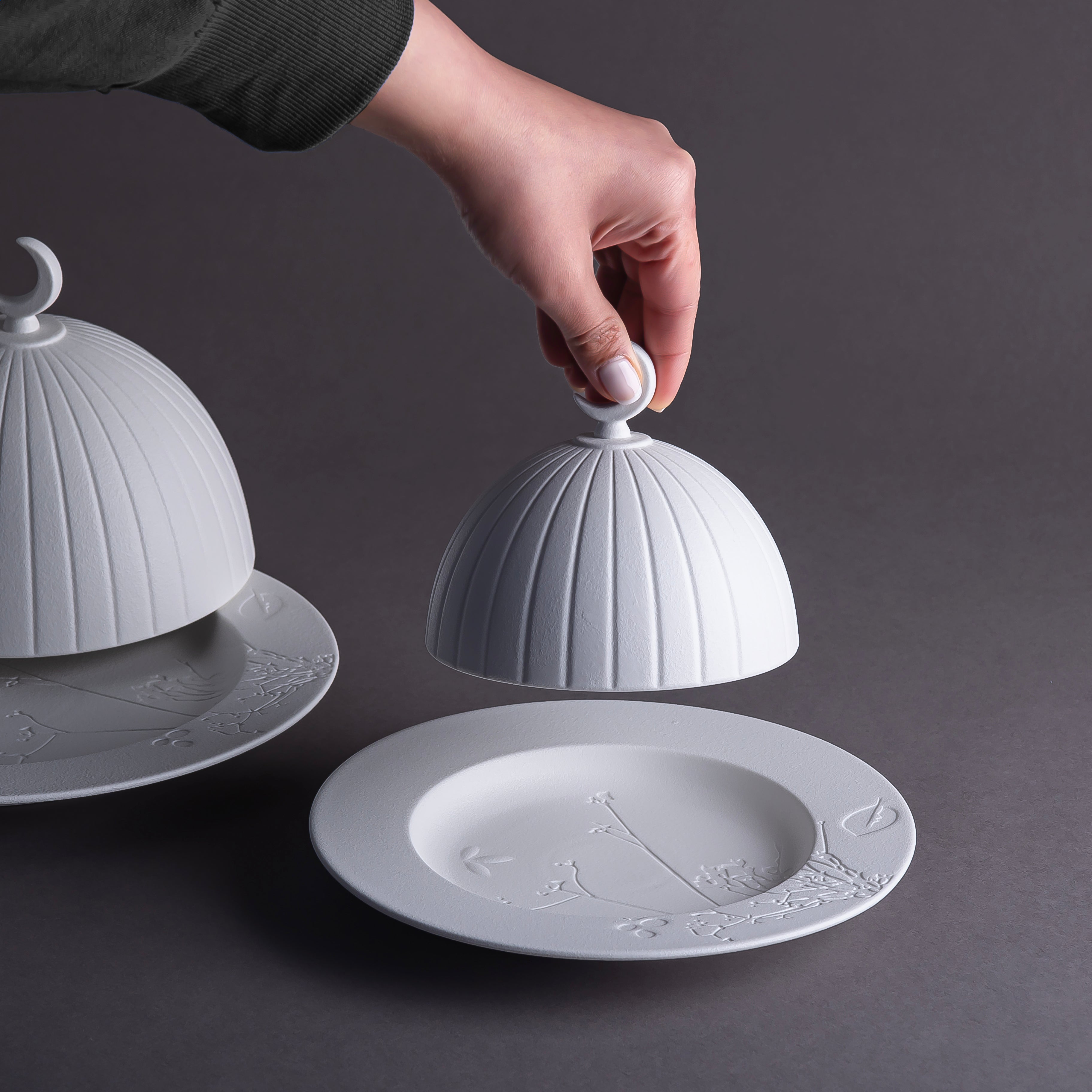 طقم 2 طبق تقديم مع غطاء سيراميك مع بوكس هدايا - أبيض