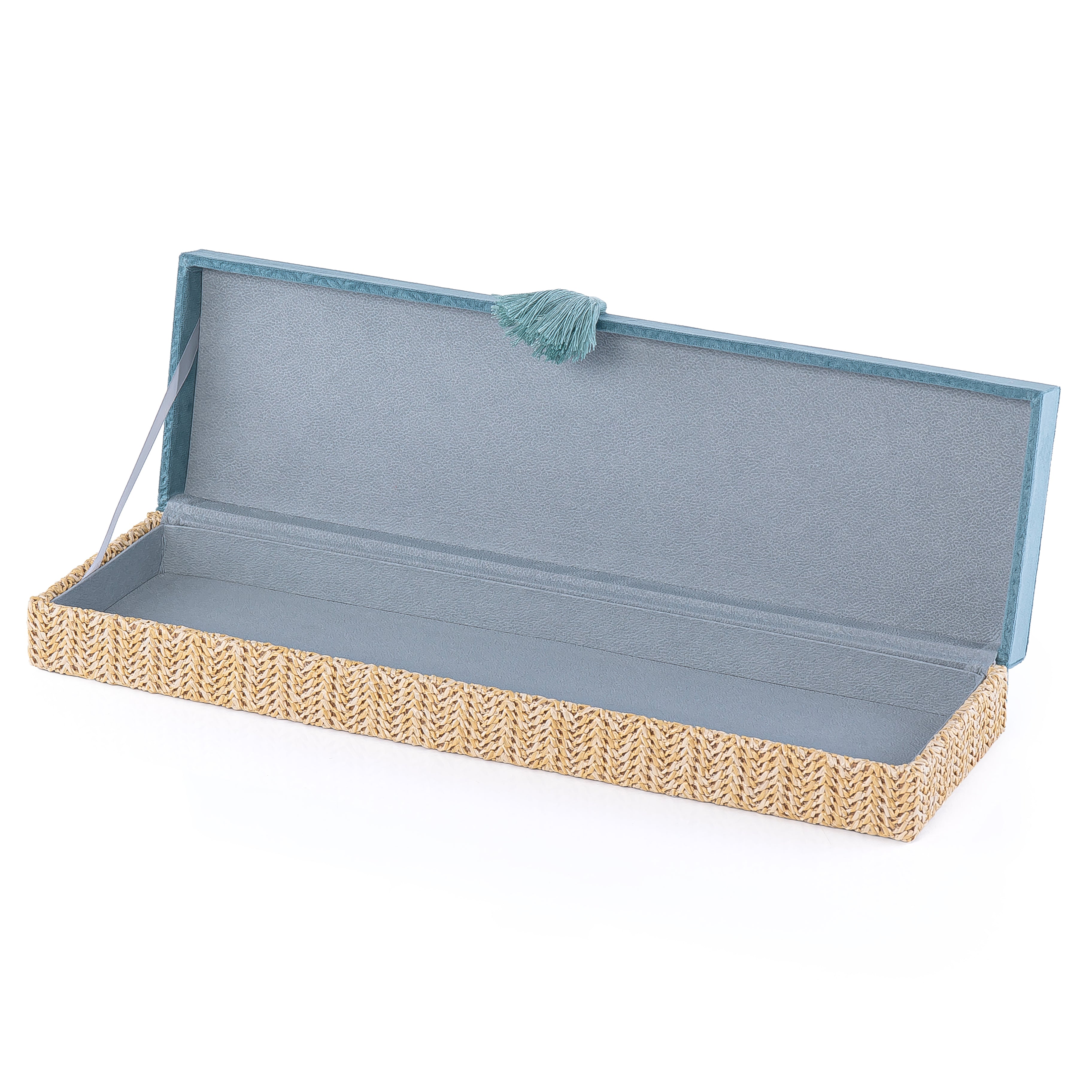 بوكس مجوهرات مستطيل كبير من الراتان مع غطاء – أزرق