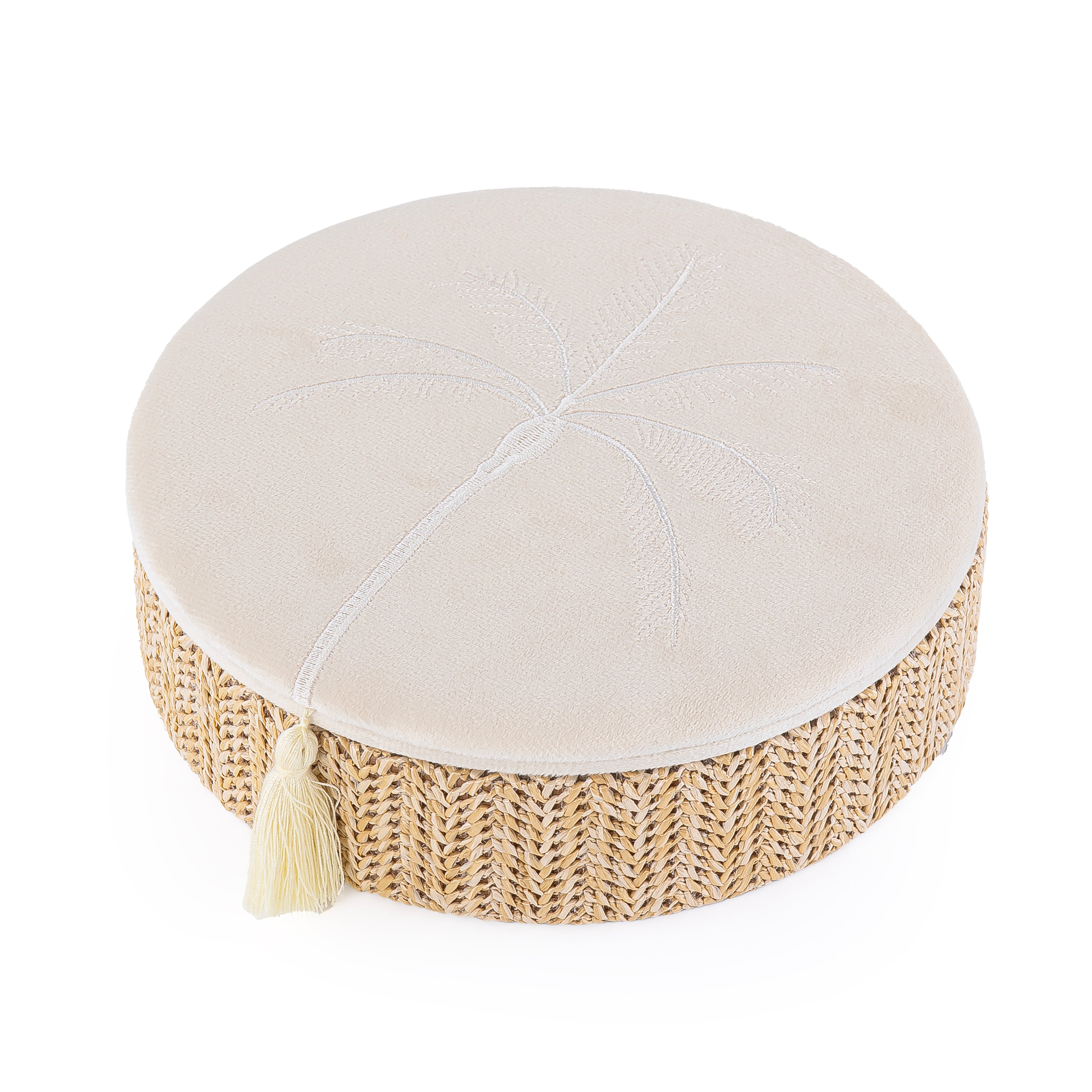 بوكس مجوهرات دائري صغير من الراتان مع غطاء – كريمي