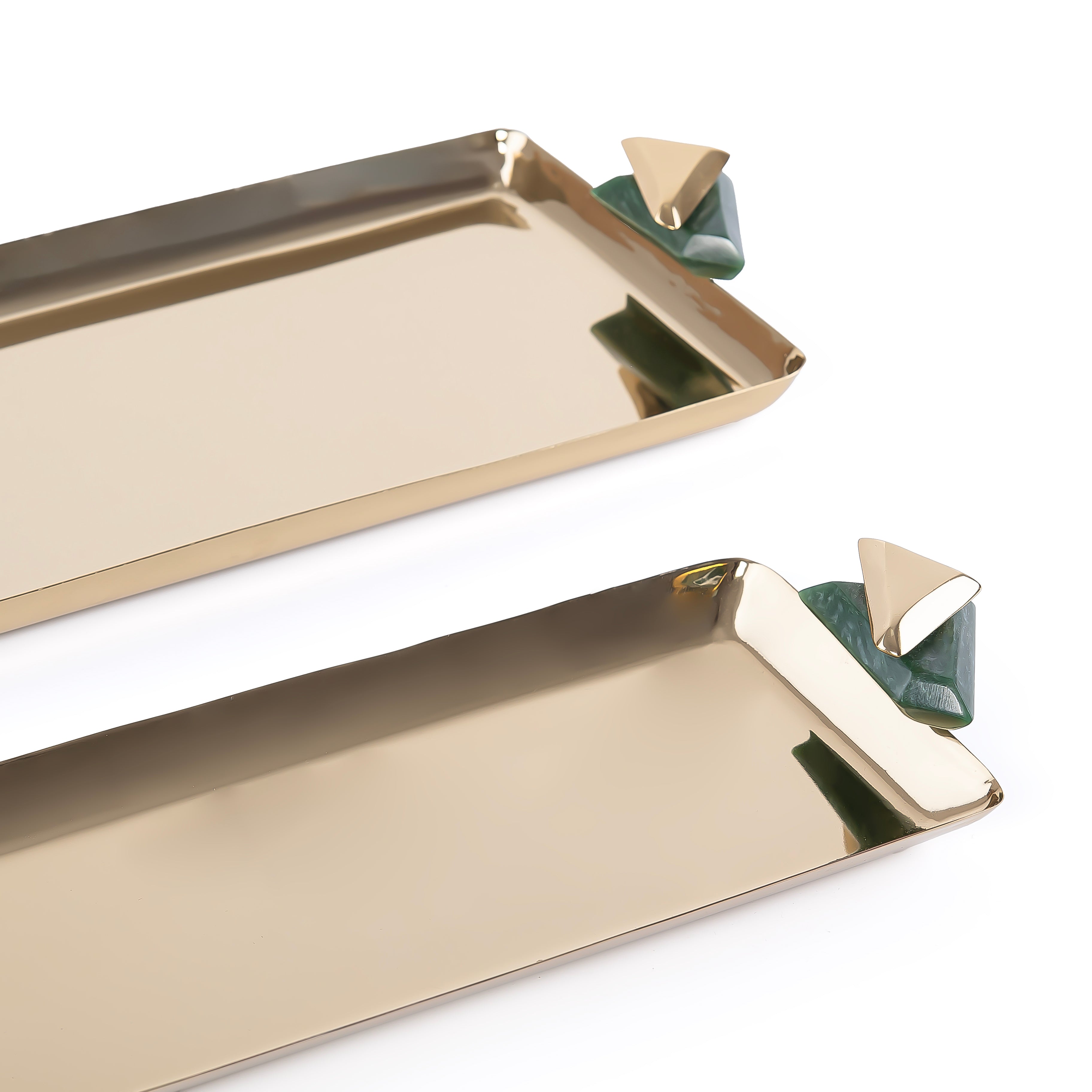 Set of 2 Rectangular Metal Serving Tray with gift box - Gold & Green