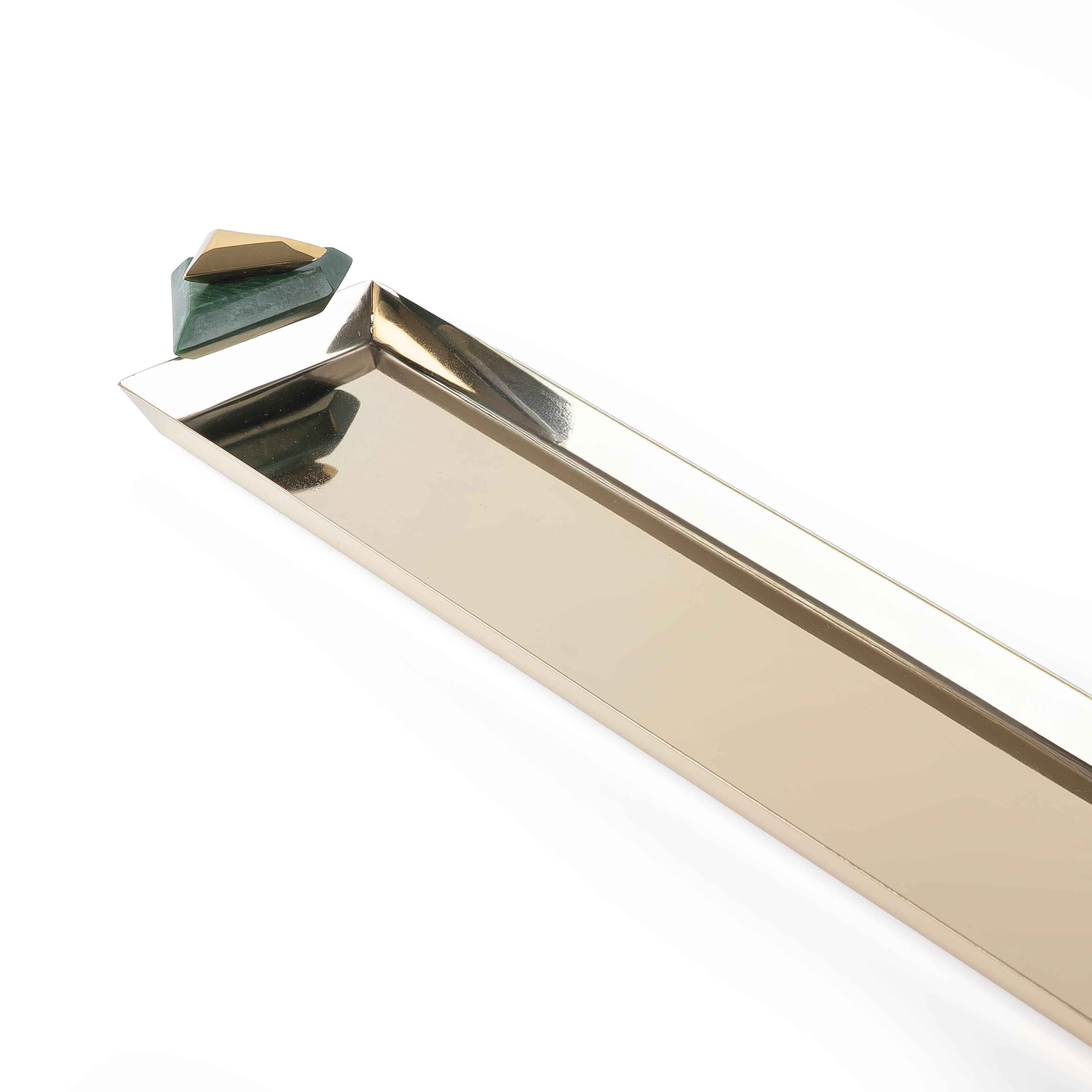 صينية تقديم معدنية طولية باللون الذهبي والأخضر