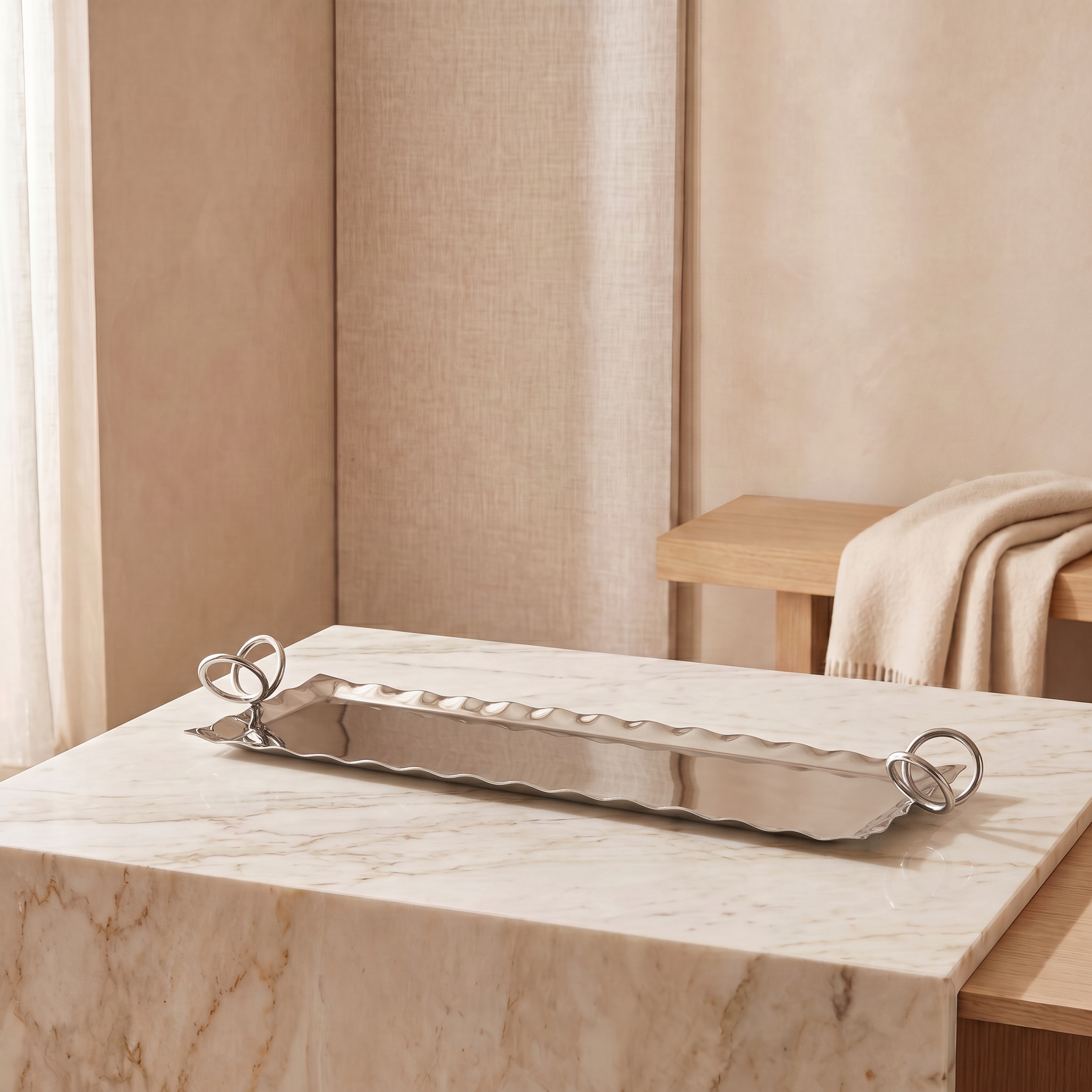 Elegant Silver Metal Serving Tray with Ring Handles - Large