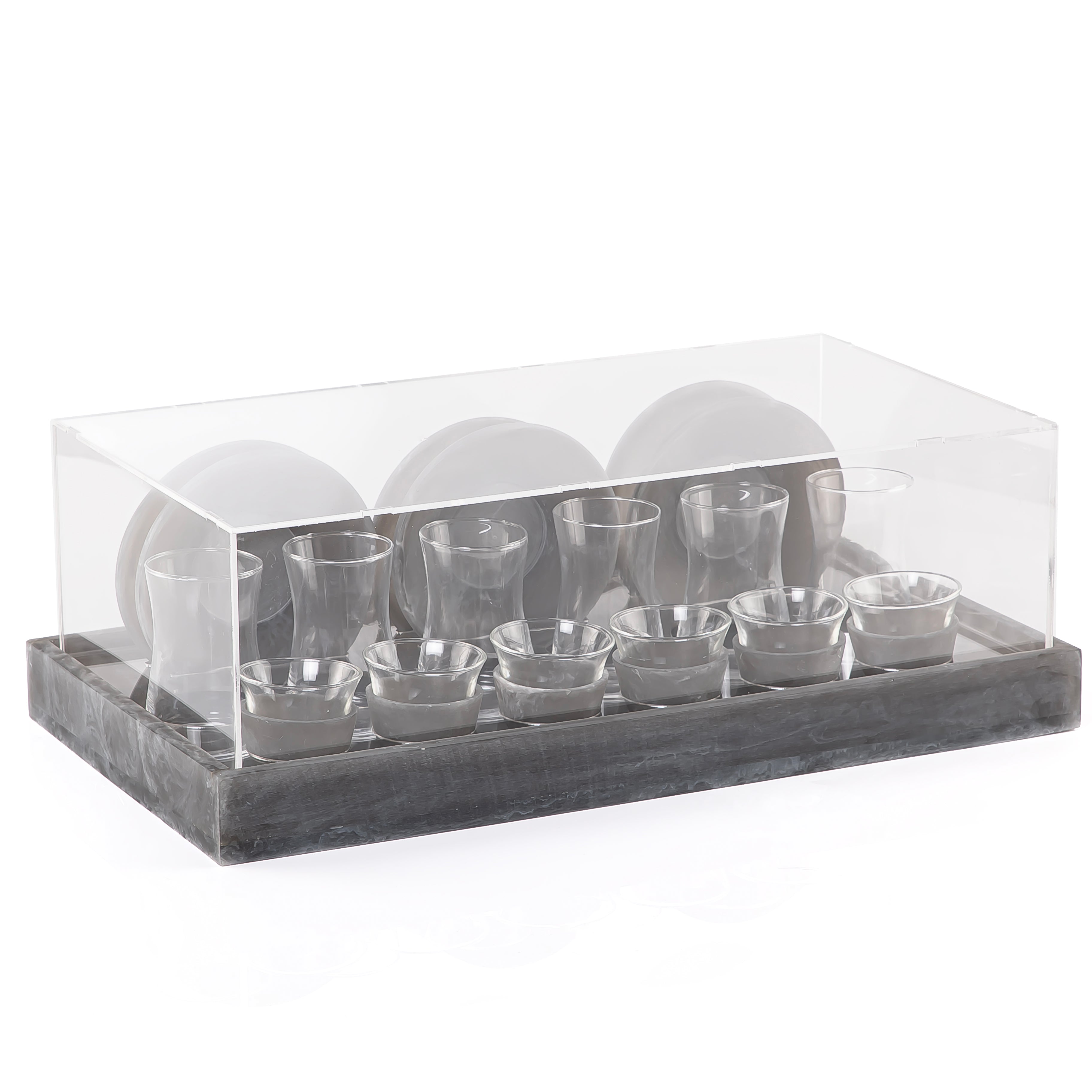 Set of 12 istikana and coffee cups with saucers and gift box - grey