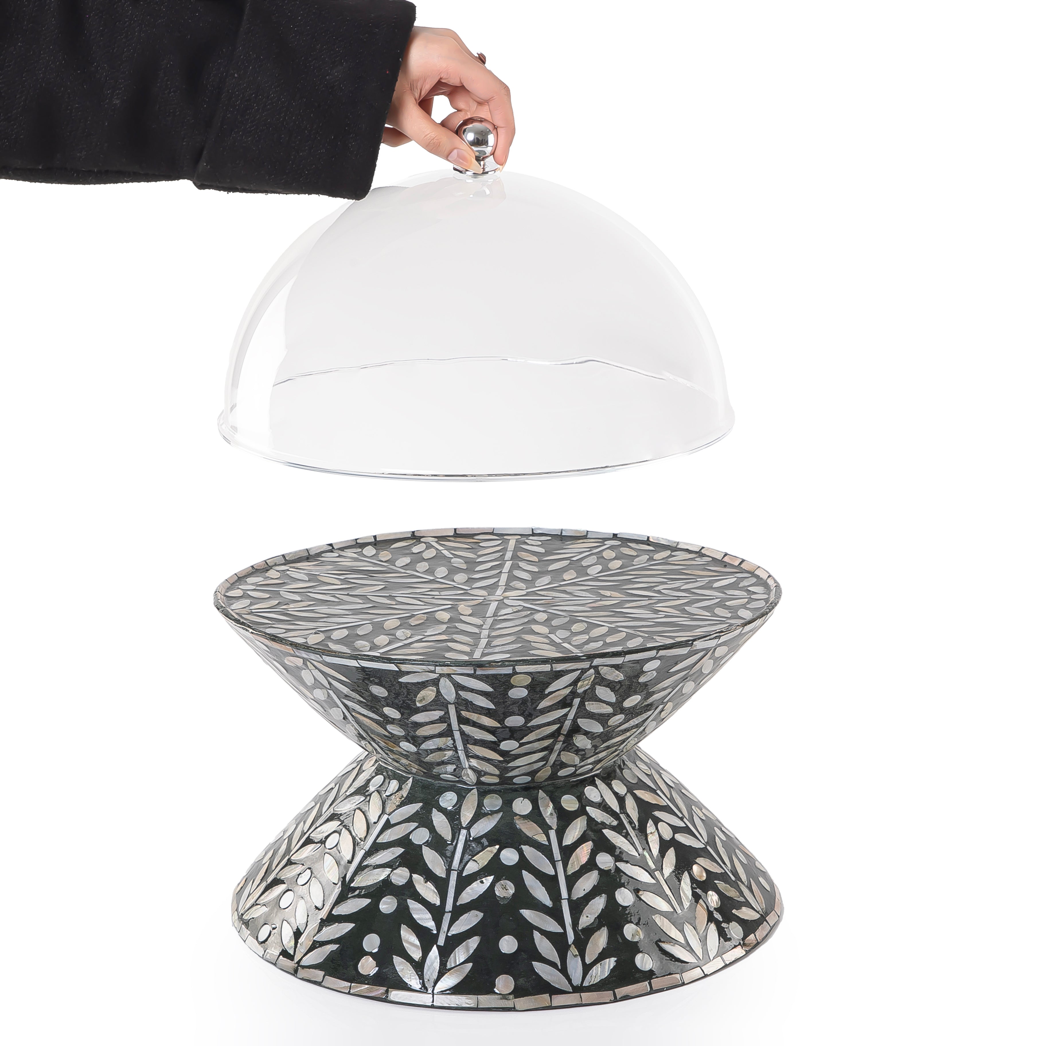 Double face mother of pearl round cake stand with lid - green L