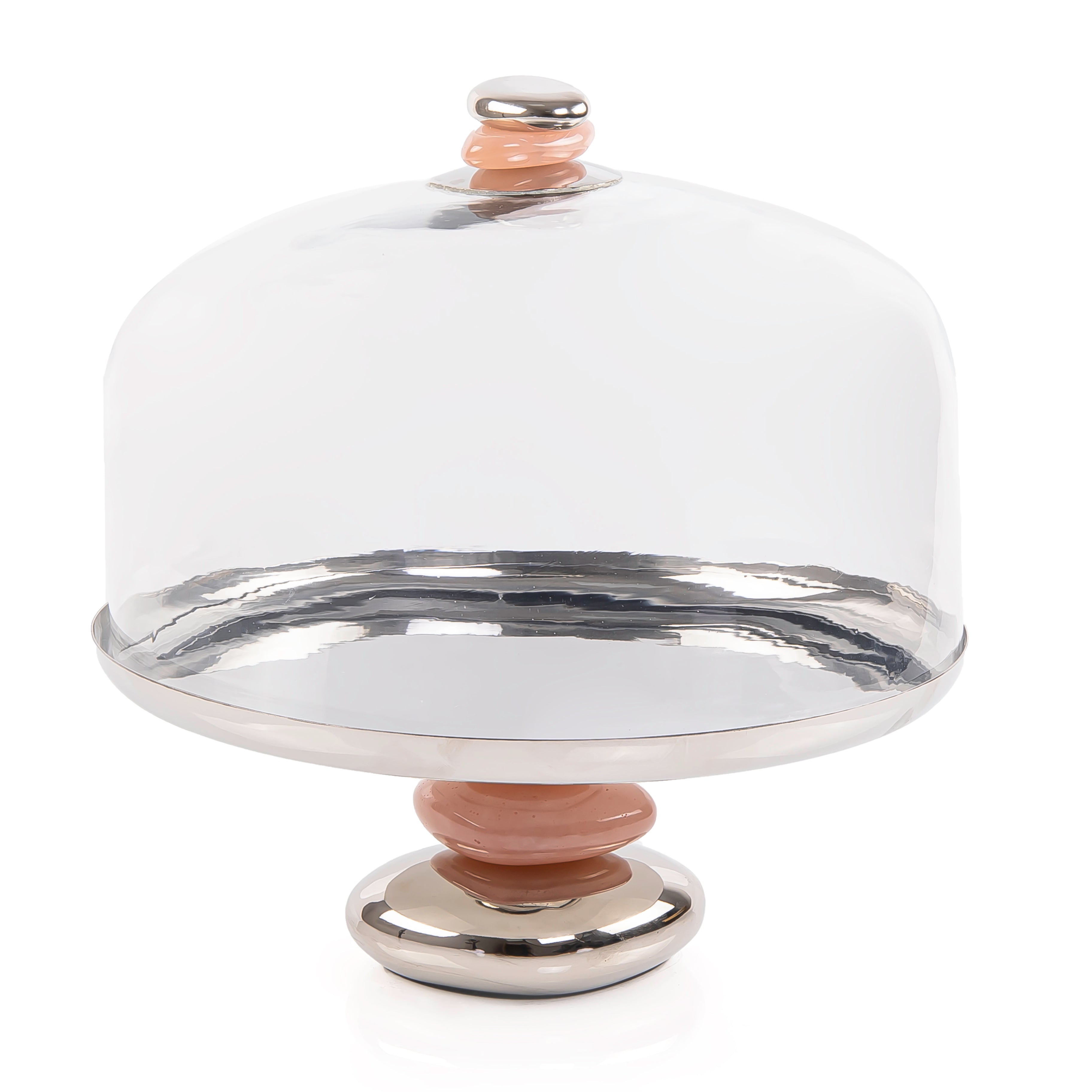 Cake stand dome with pebble stack base - Silver+Pink