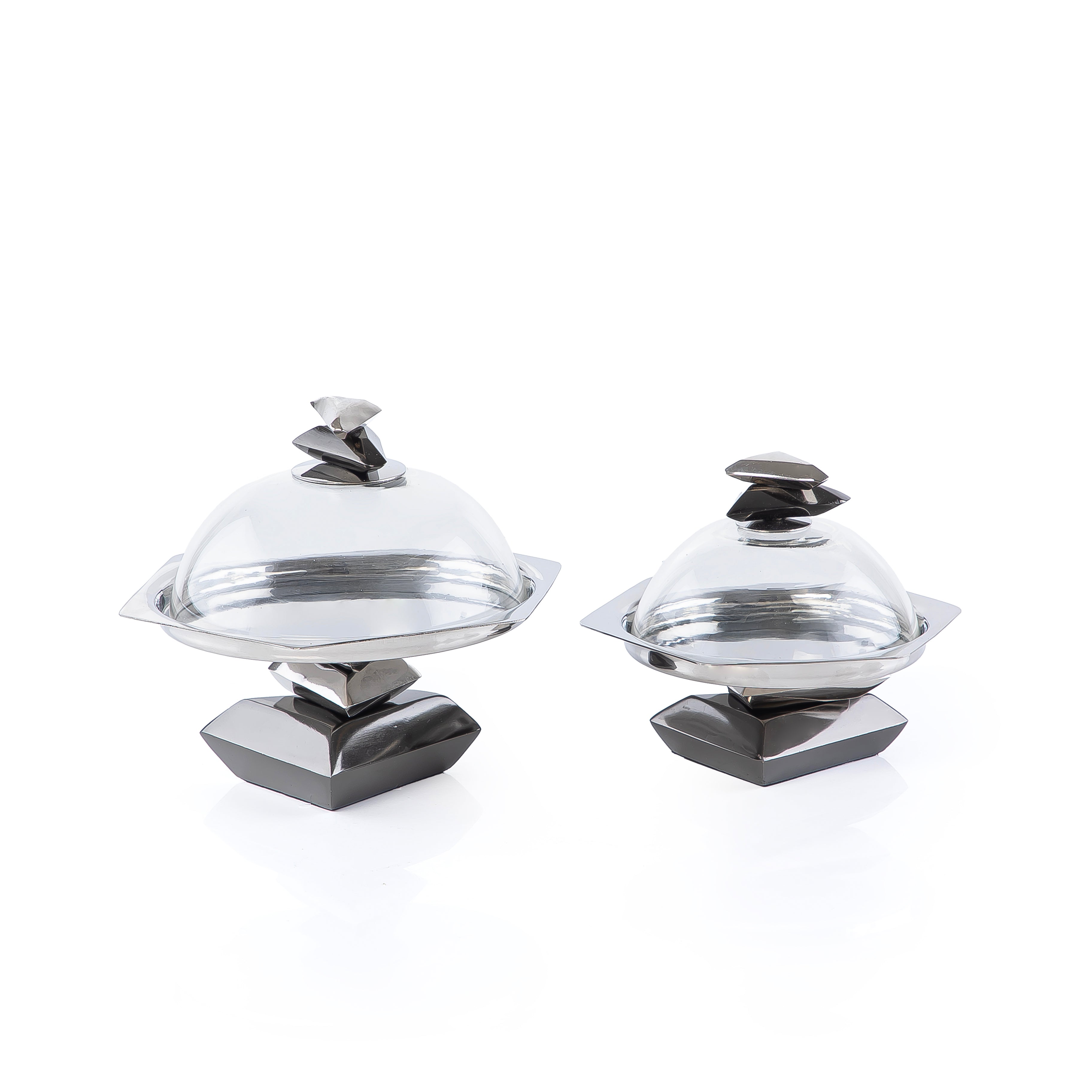 Set of 2 Metal cake stand with glass cover with gift box - black & silver