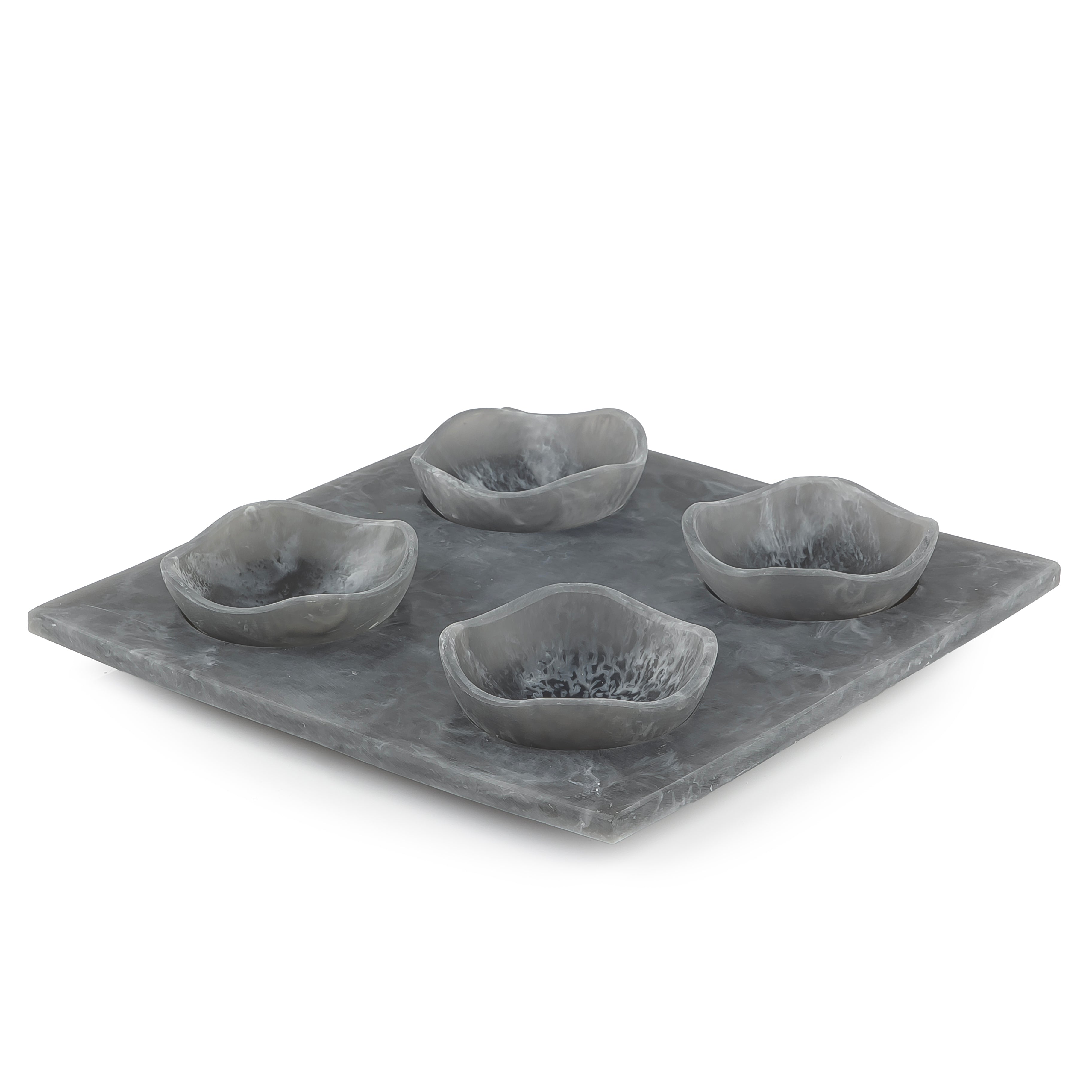 Set of 4 grey serving bowls set on tray with gift box