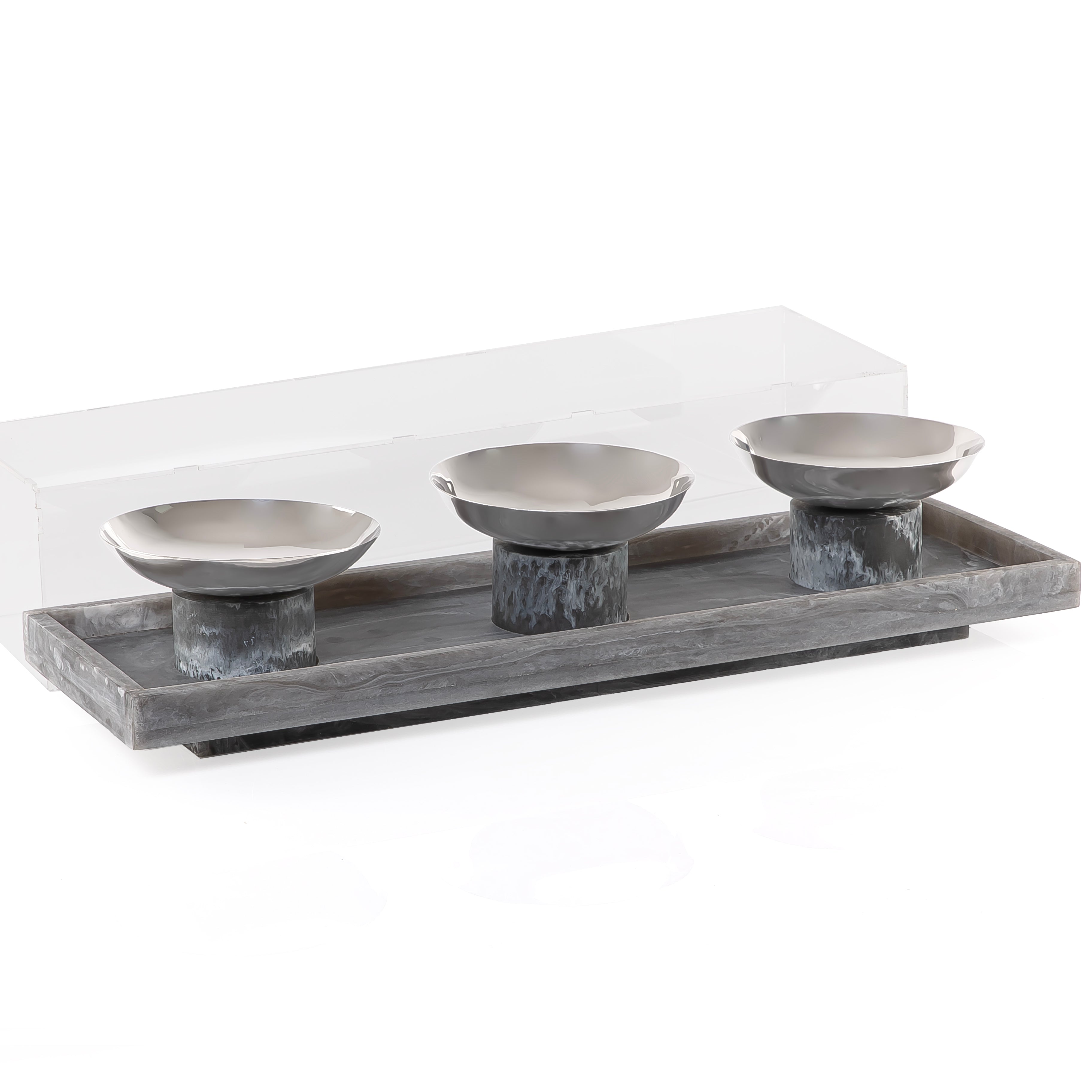 Set of 3 grey serving bowls set on tray with gift box