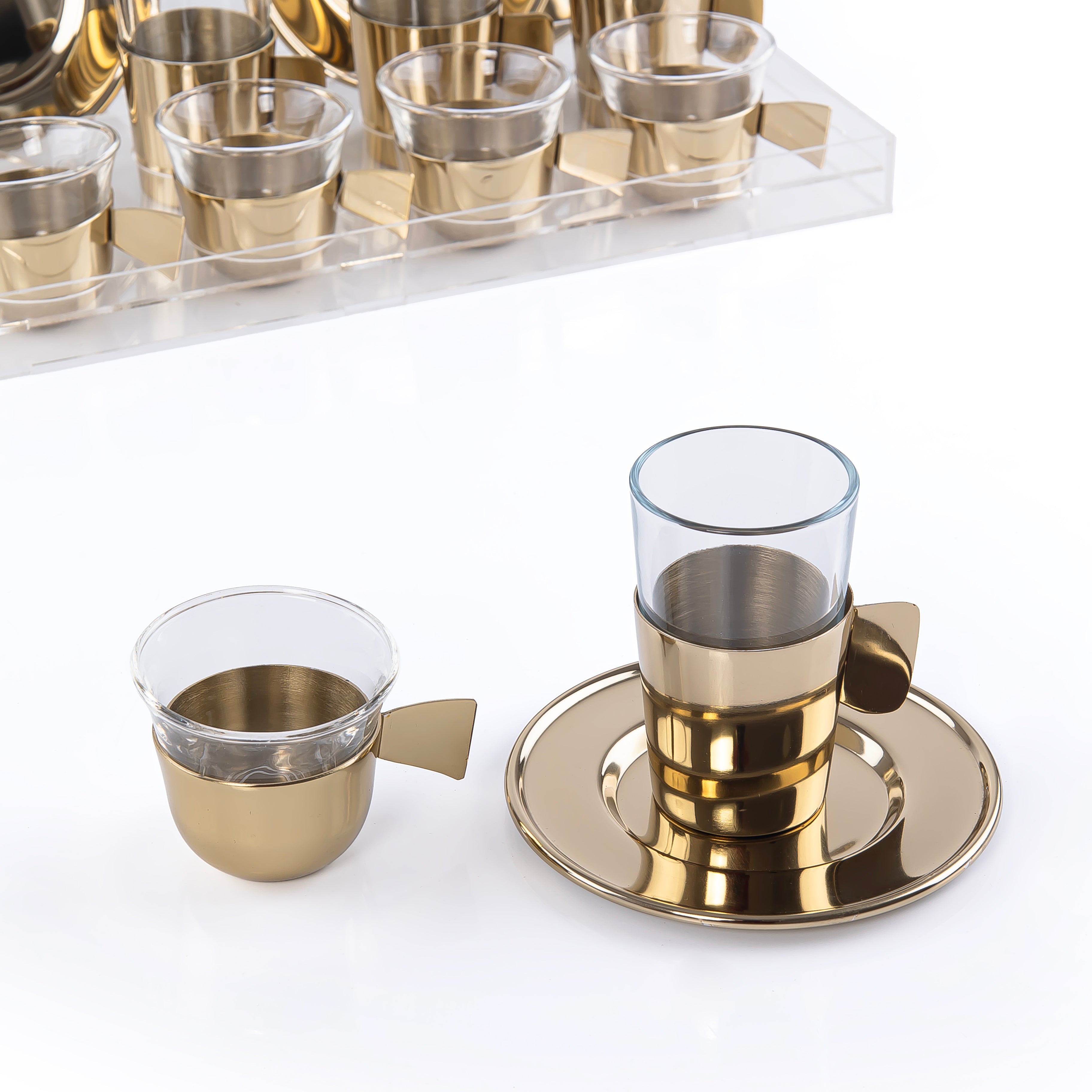 Set of 6 pcs of Coffee Cups , 6 istikana With 6 Plates in Acrylic Box - Gold