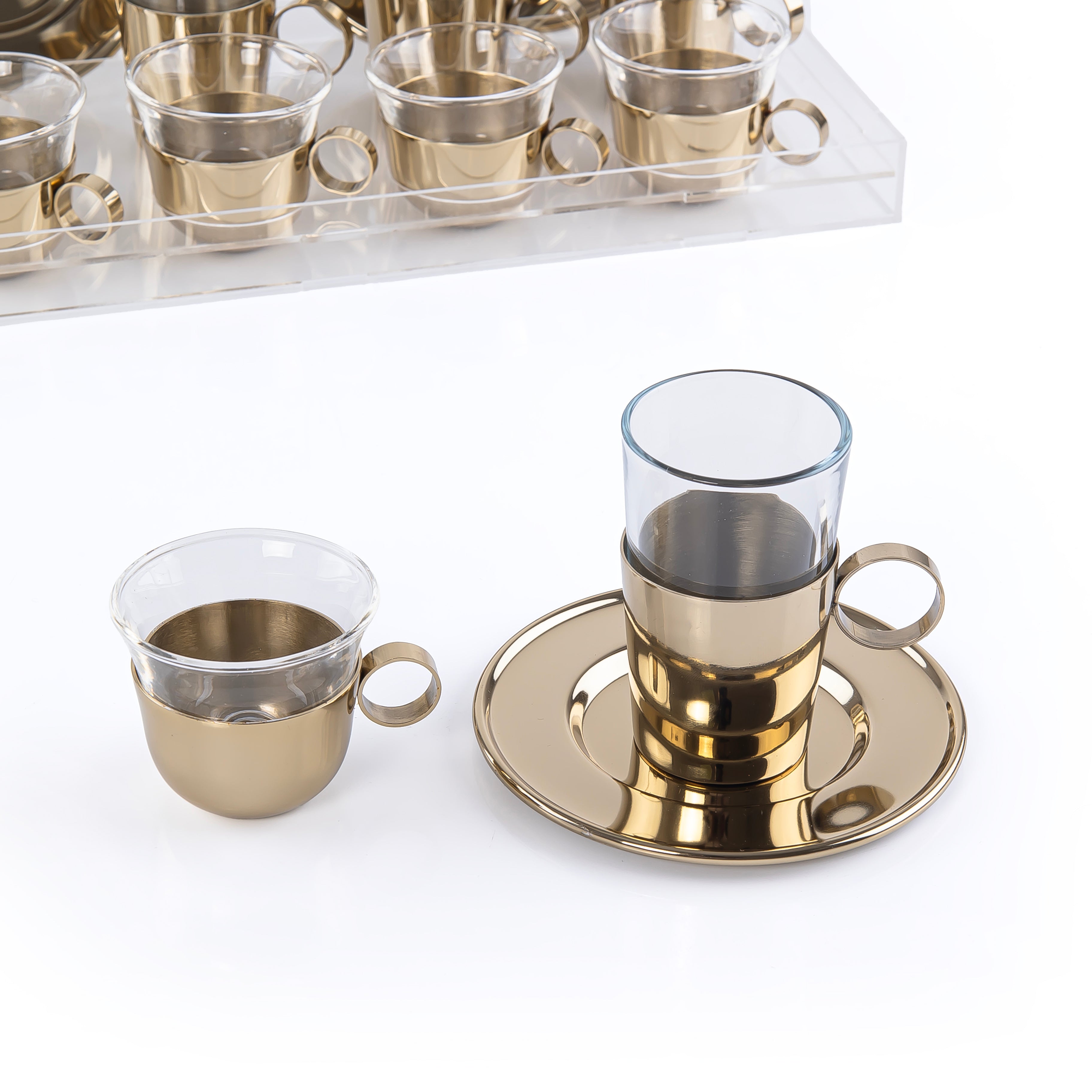 Set of 6 pcs of Coffee Cups , 6 istikana With 6 Plates in Acrylic Box - Gold