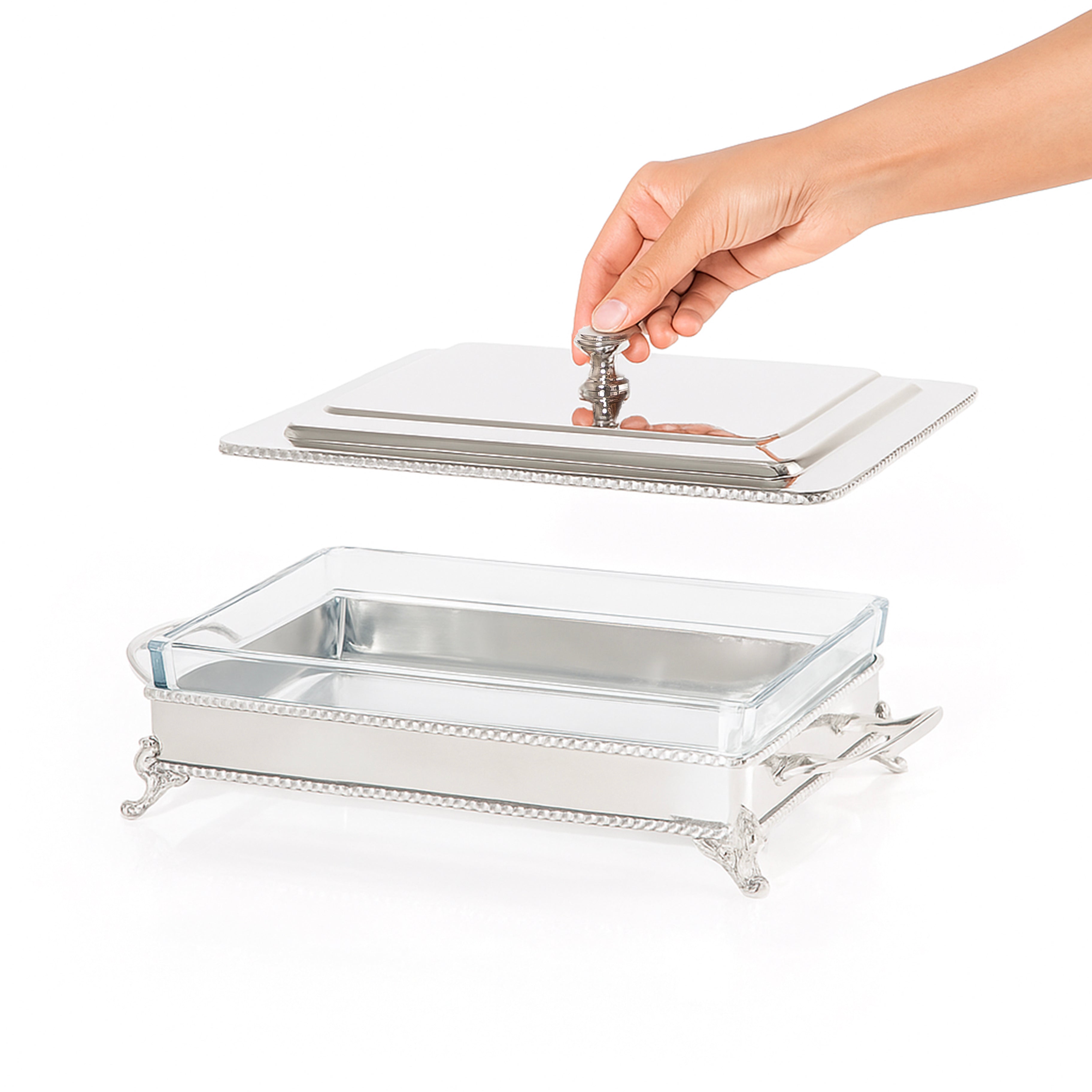 سخان طعام مستطيل ستانلس ستيل فضي مع وعاء زجاجي داخلي – صغير