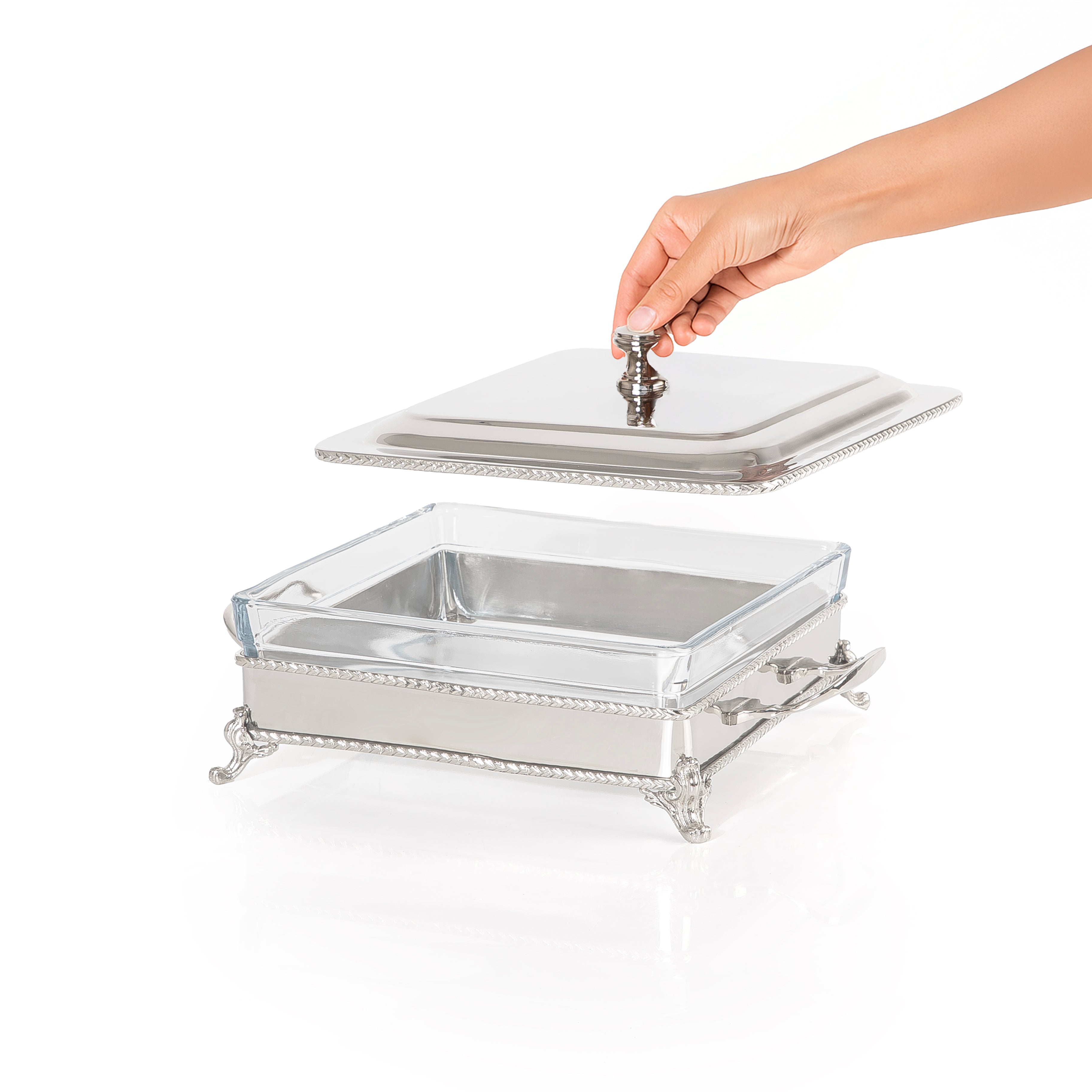 Square Silver Stainless Steel Chafing Dish with Interior Glass Bowl