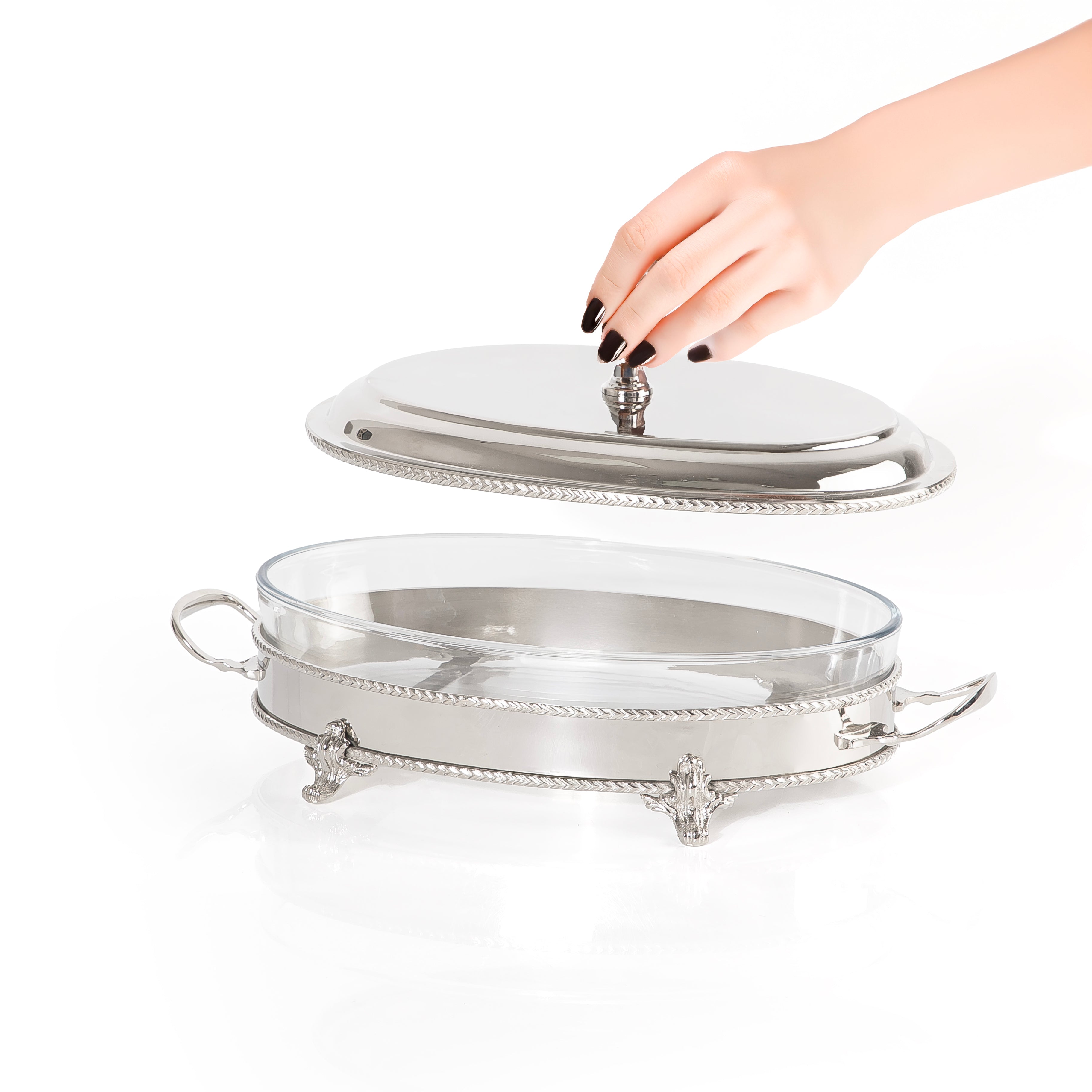 Oval Silver Stainless Steel Chafing Dish with Interior Glass Bowl - Large