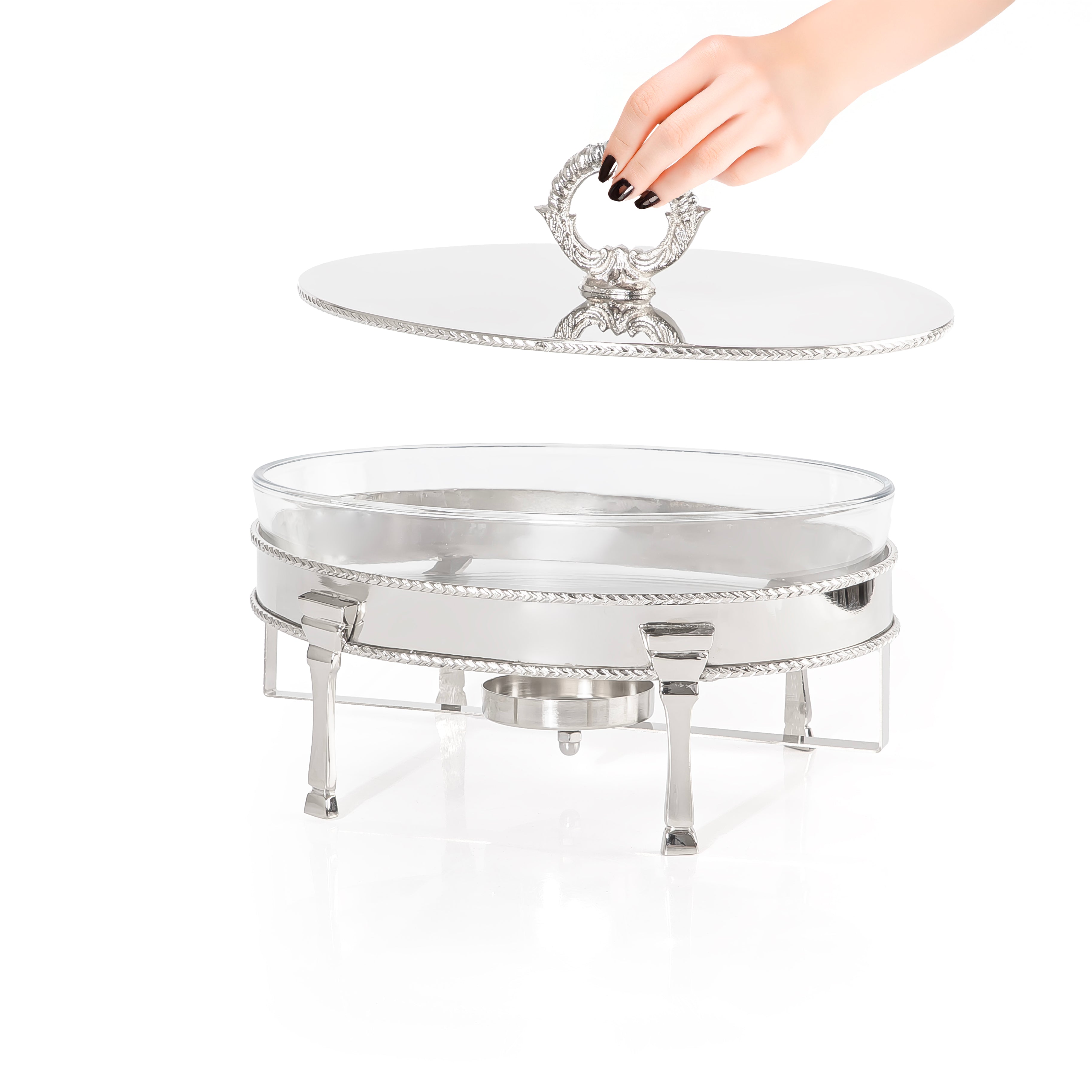 سخان طعام بيضاوي ستانلس ستيل فضي مع وعاء زجاجي داخلي ومقبض – كبير