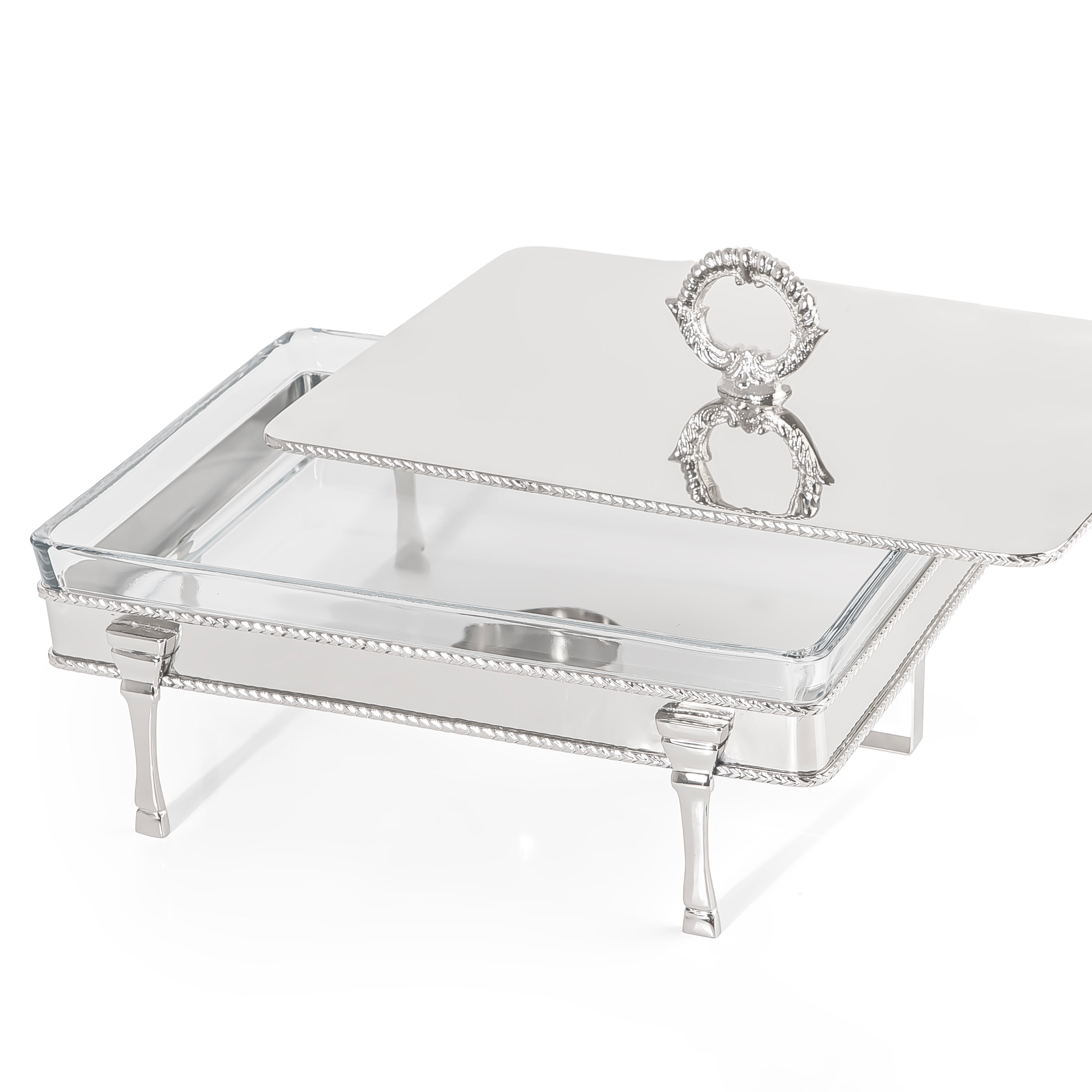 سخان طعام مستطيل ستانلس ستيل فضي مع وعاء زجاجي داخلي ومقبض – كبير