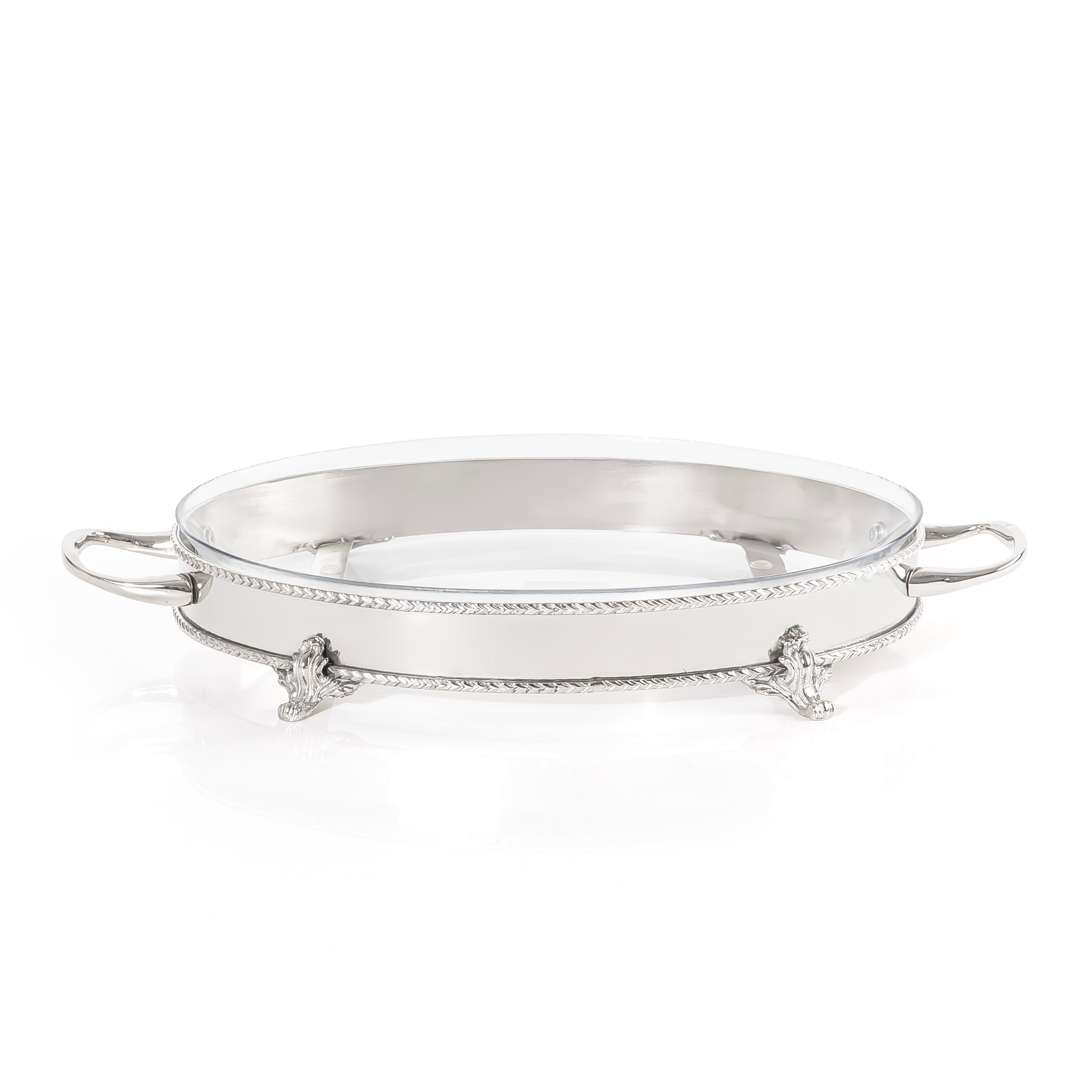 Oval Stainless Steel Serving Stand with Interior Glass Bowl - Large