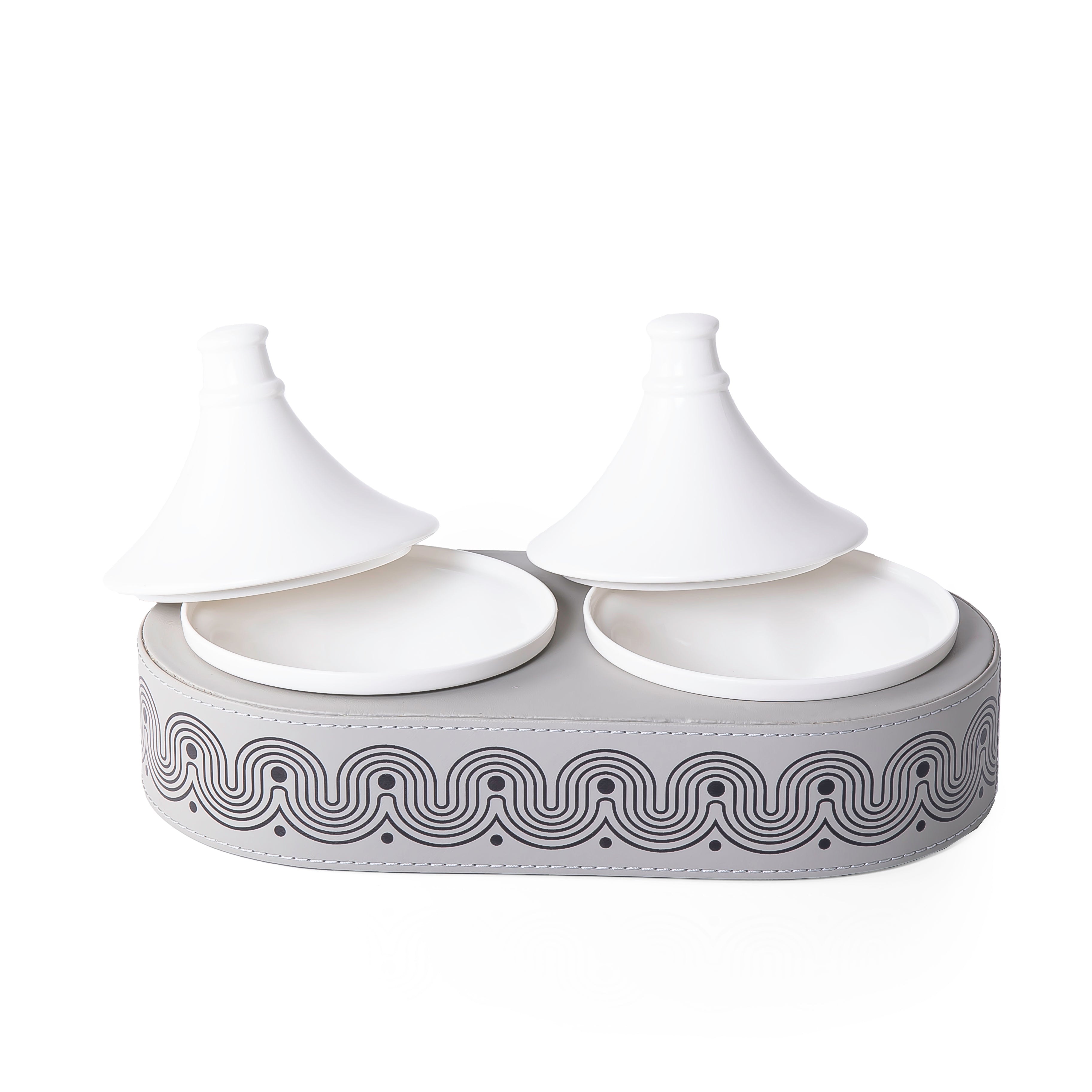 Leather Oval stand with 2 Pyramid-Shaped Ceramic Bowls