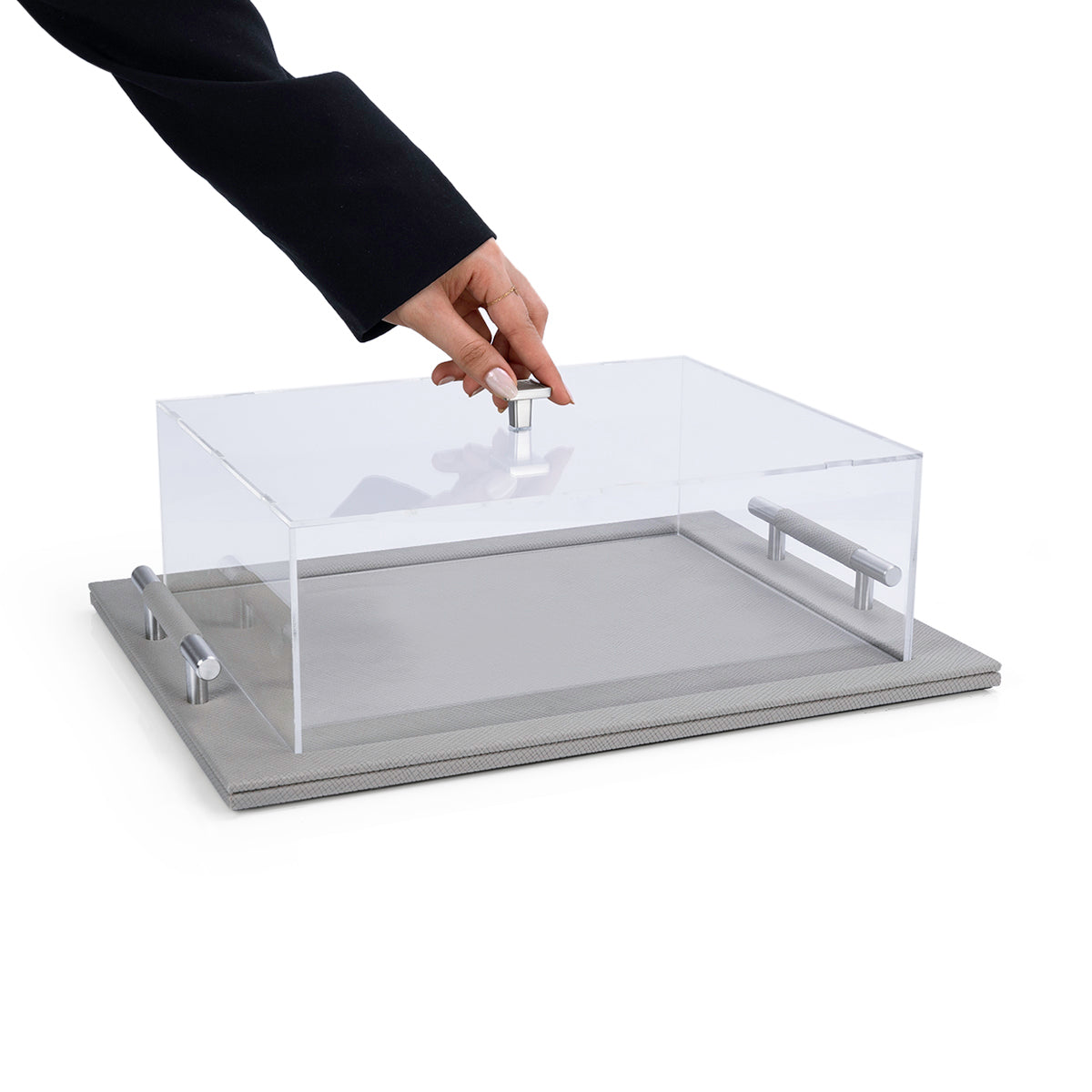 Set of 2 leather trays with metal handle and acrylic cover