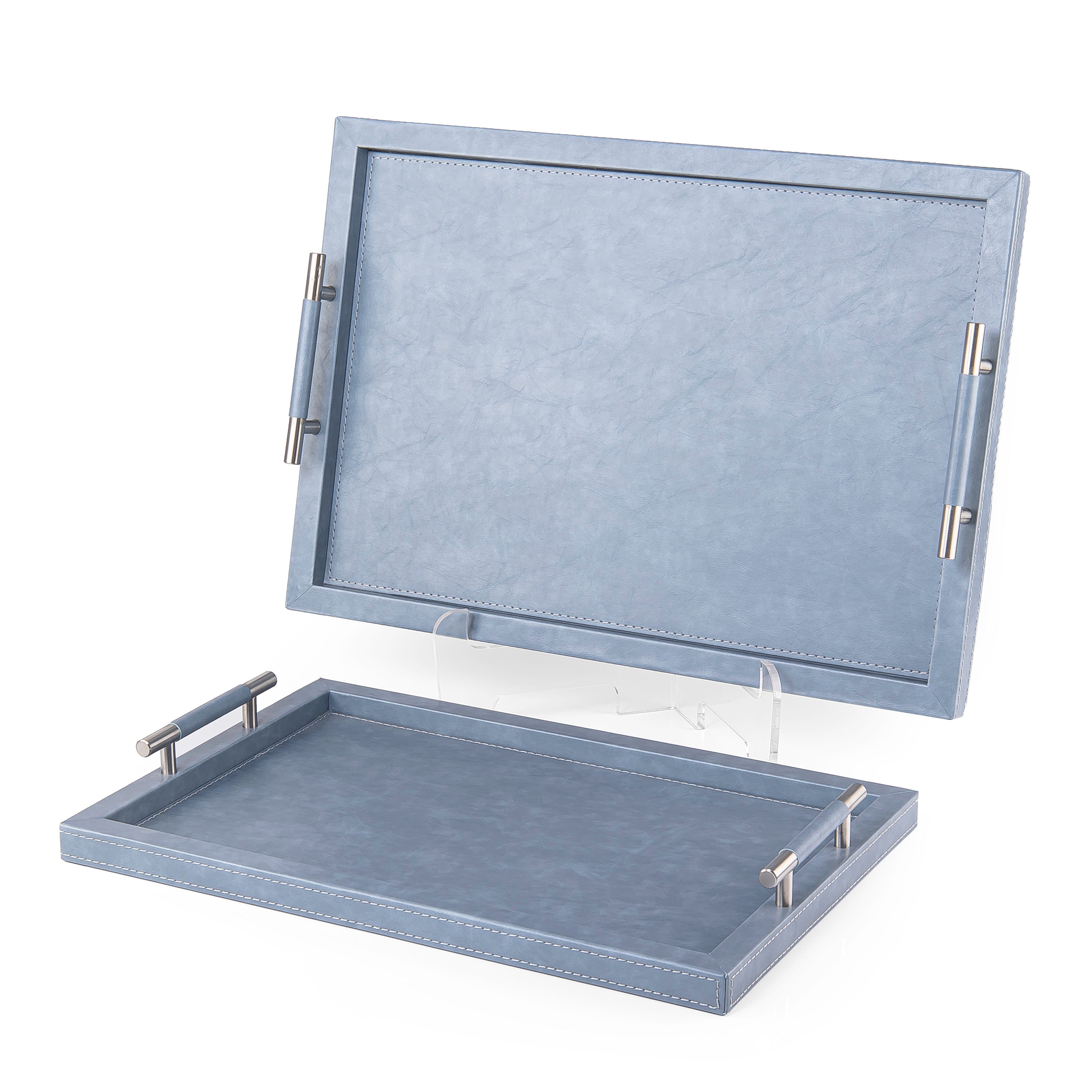 Set of 2 sky blue leather tray with gift box
