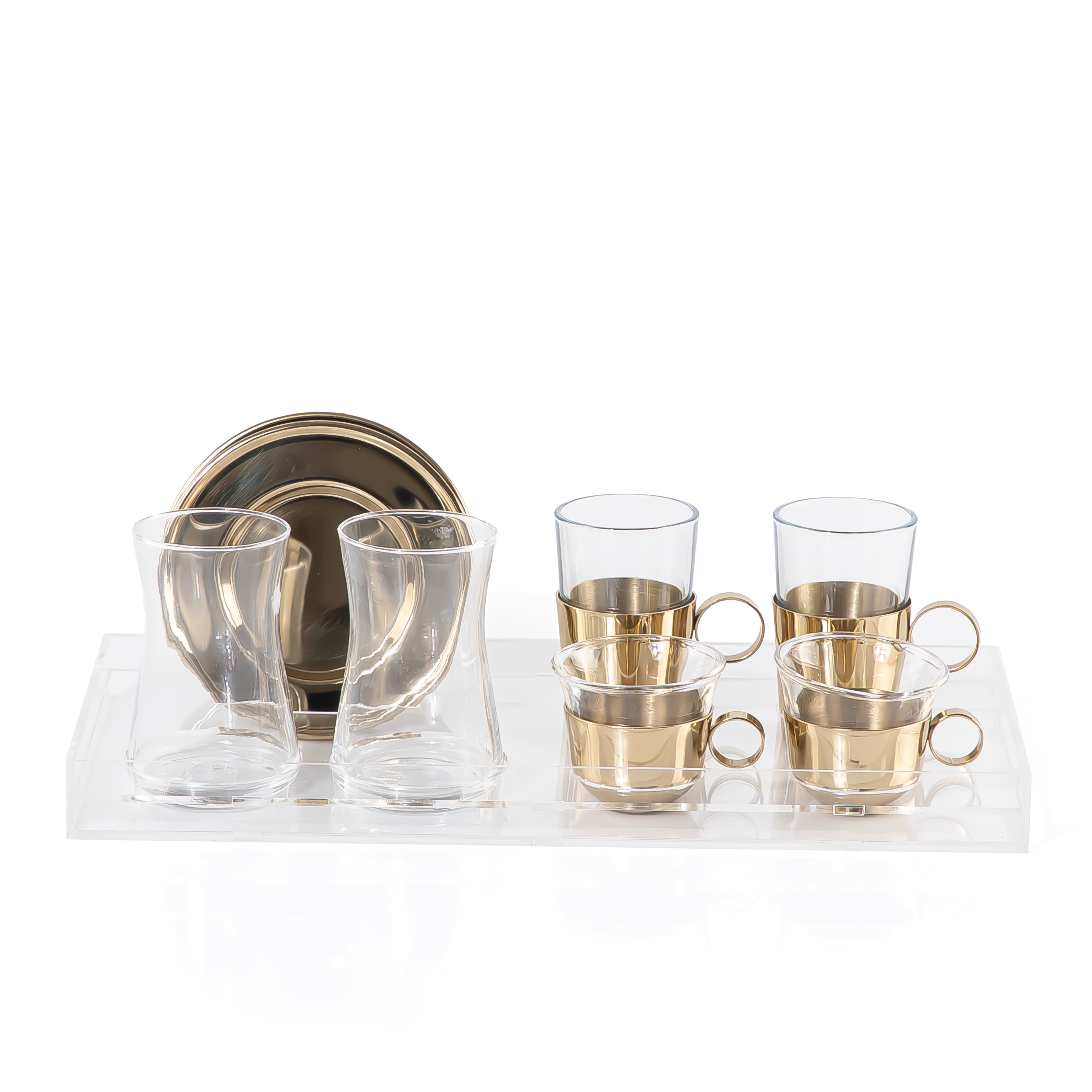 طقم 6 كاسات شاي وقهوة مع حوامل معدنية باللون الذهبي و بوكس أكريليك شفاف