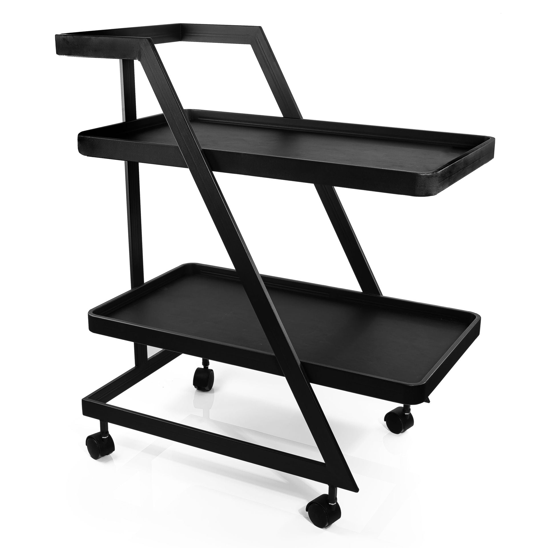 Leather Trolley Table with Two Shelves and Metal Sides - black colour plain leather
