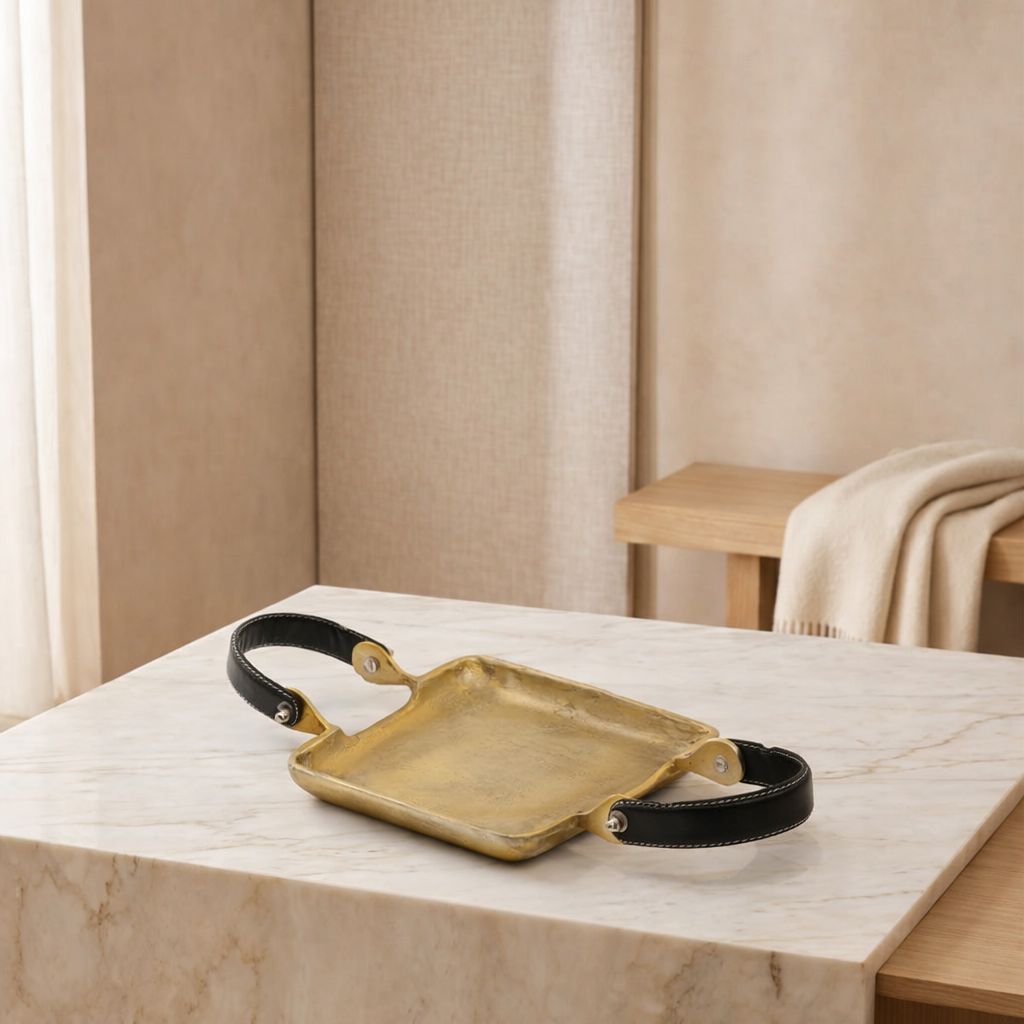gold metal tray with black handles