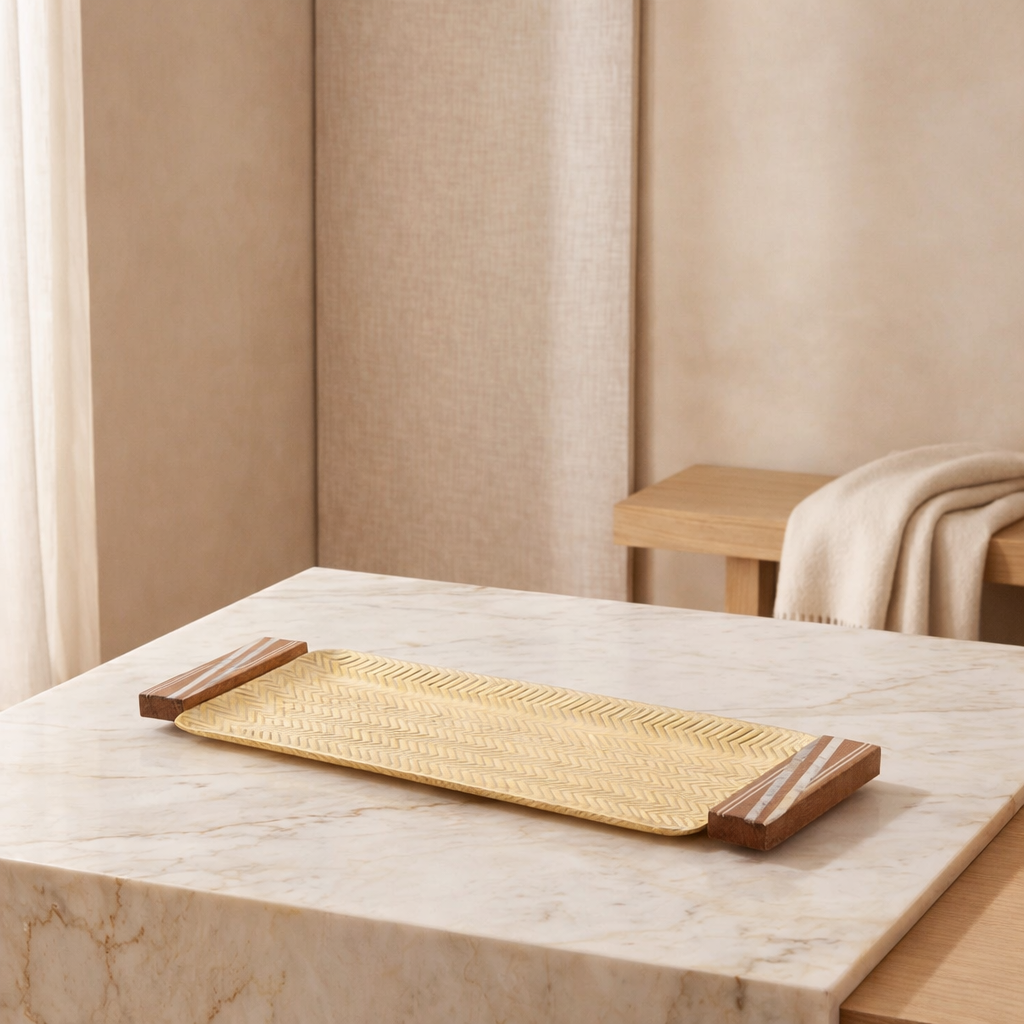 Small metal rectangular tray with two golden Mop handles 43 * 19 * 2 cm