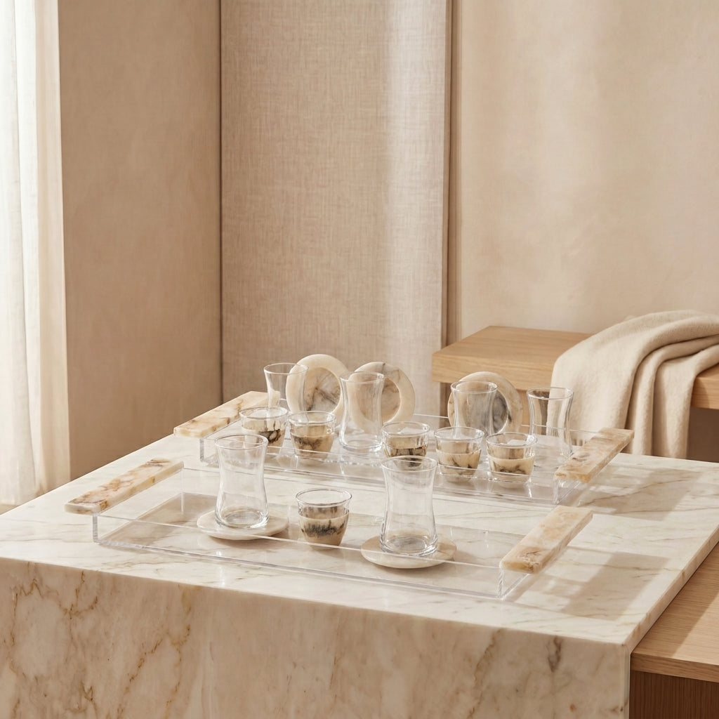 Resin Set of 20 ( istikana + coffee cups+ saucers + trays )- Beige
