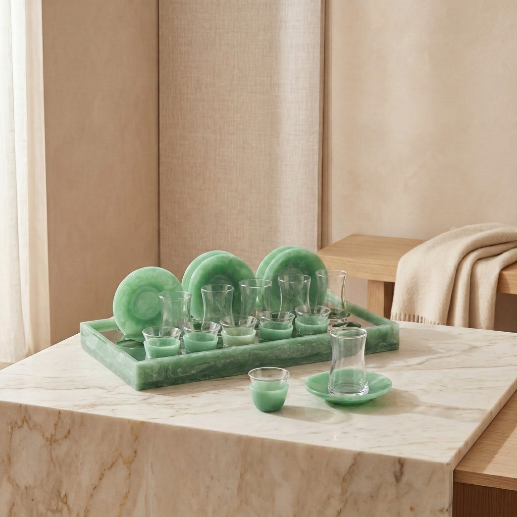 Set of 12 istikana and coffee cups with saucers and gift box - green