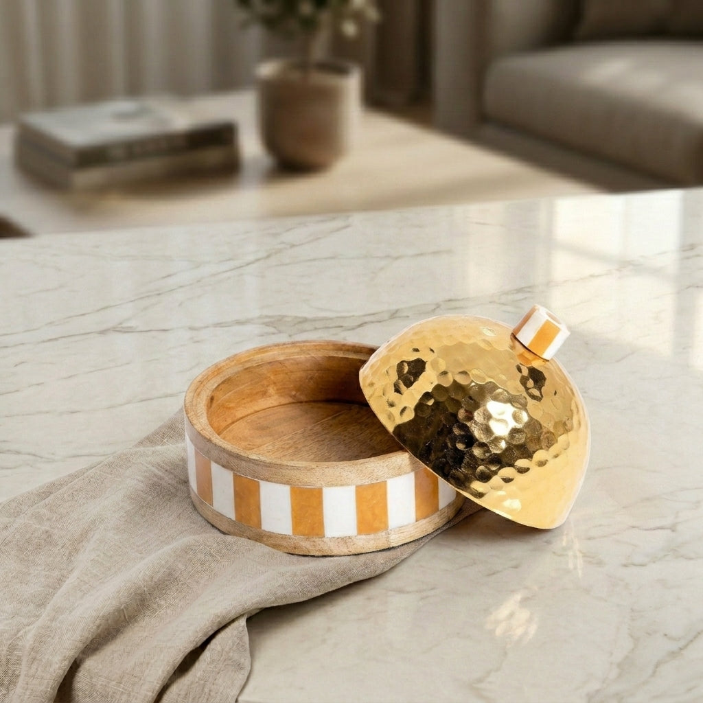 Bowl with metal cover and wooden base with mother of pearl