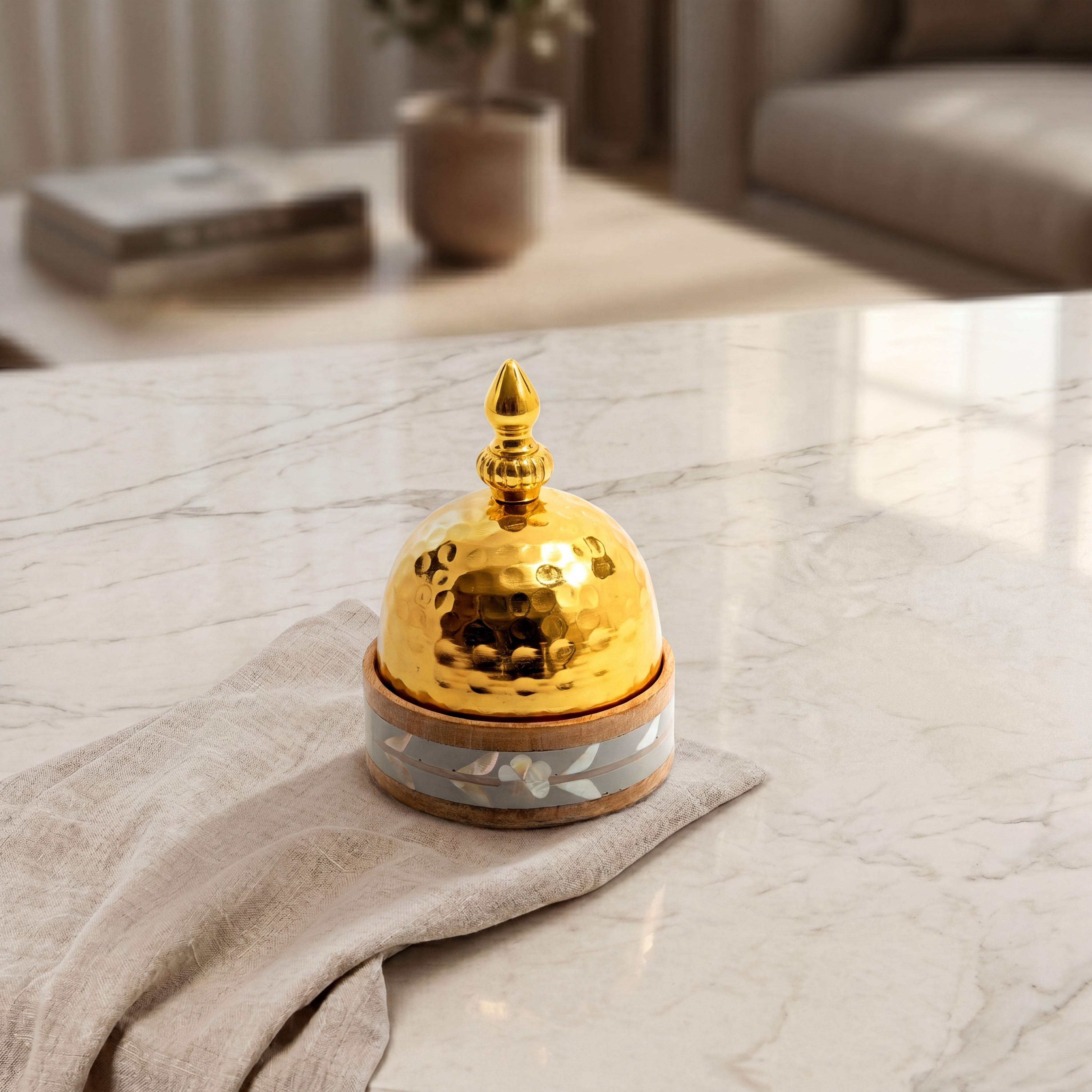 Bowl with metal cover and wooden base with mother of pearl