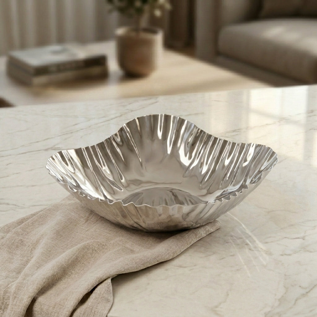 Round silver metal serving bowl