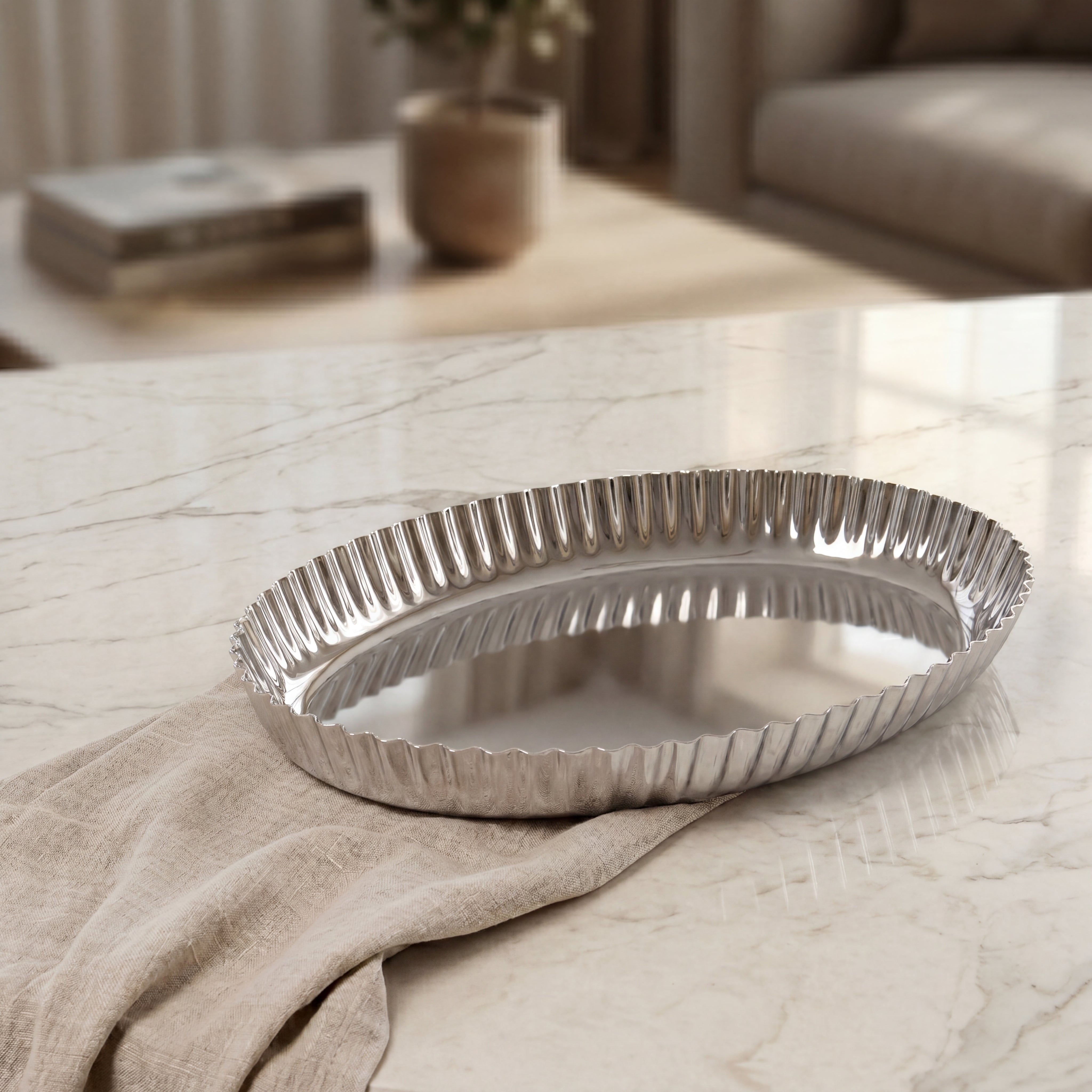 Round silver metal serving bowl