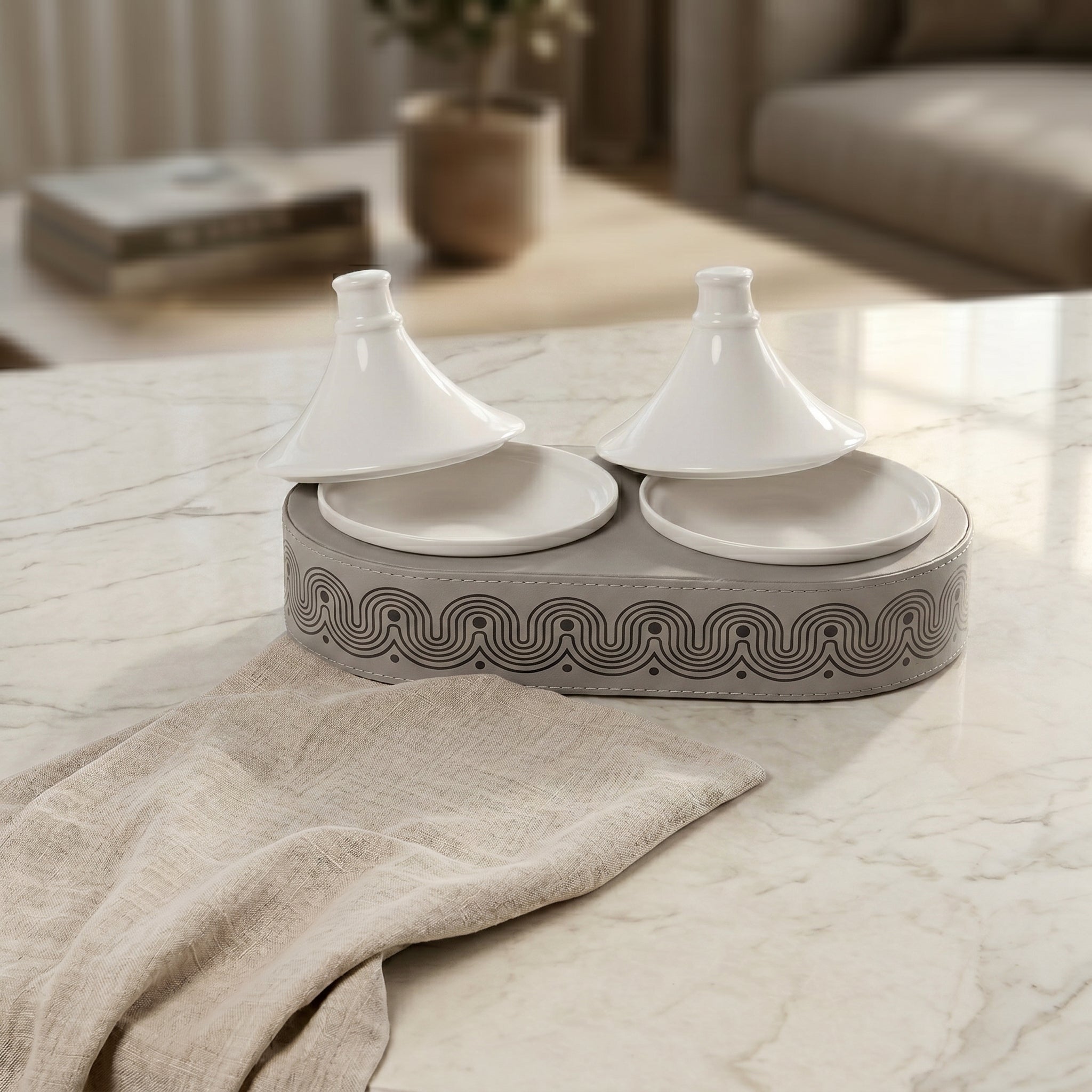 Leather Oval stand with 2 Pyramid-Shaped Ceramic Bowls