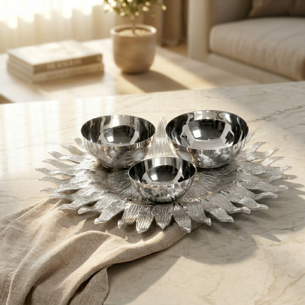Silver round Metal Tray With 3 Bowls