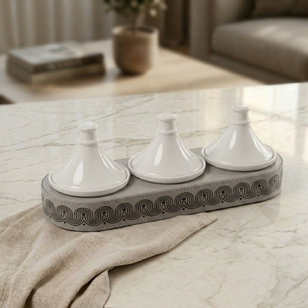 Leather Oval stand with 3 Pyramid-Shaped Ceramic Bowls
