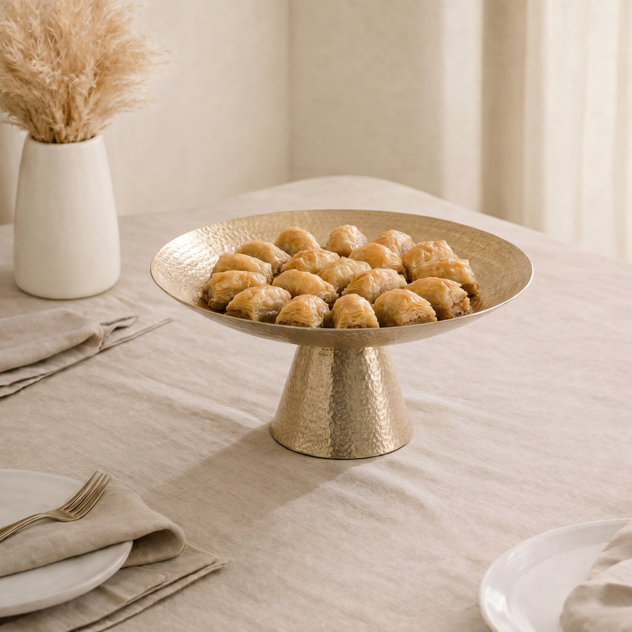 Metal stand with a golden circular base