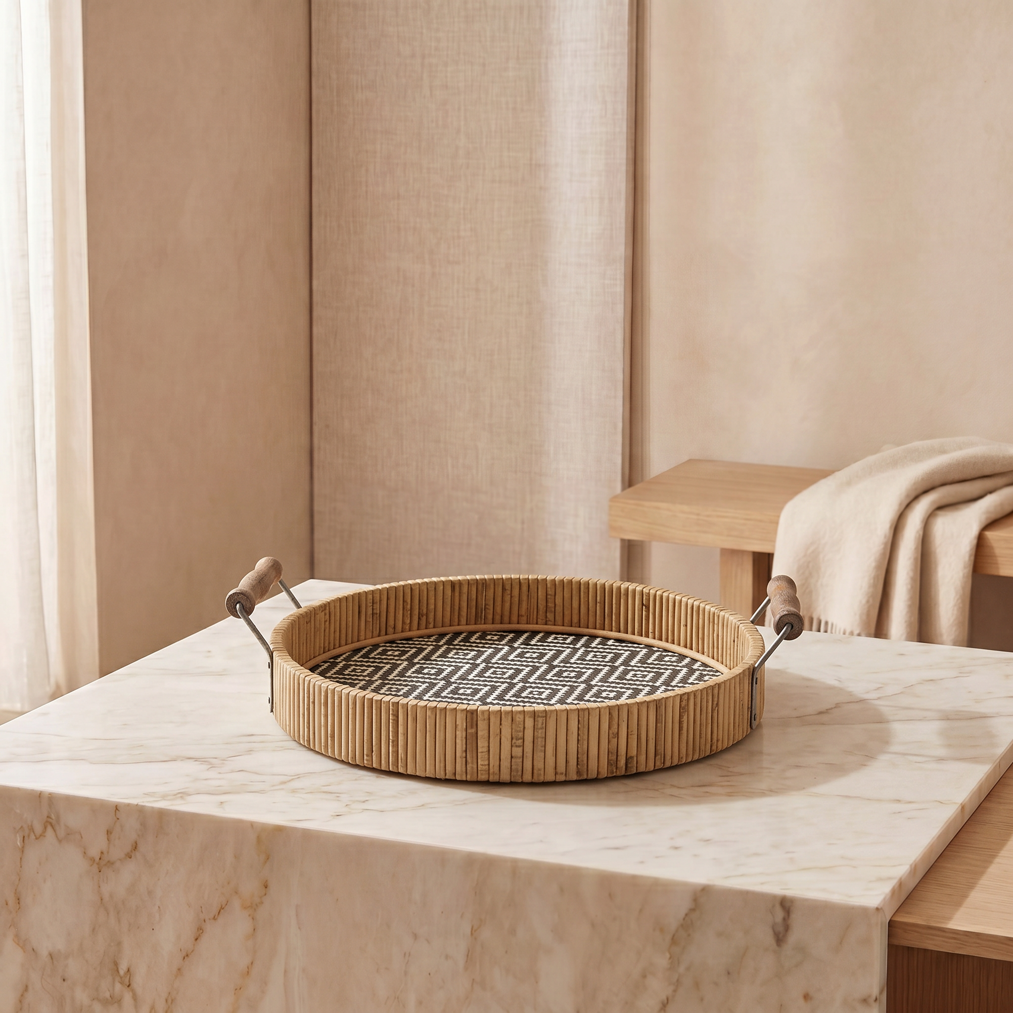 Black And Beige Round Rattan Tray