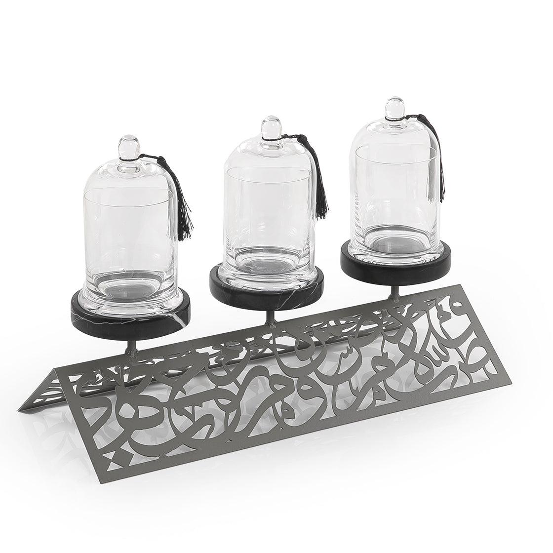 Set of stand with 3 glass jars and marble with arabian design - CASCADES
