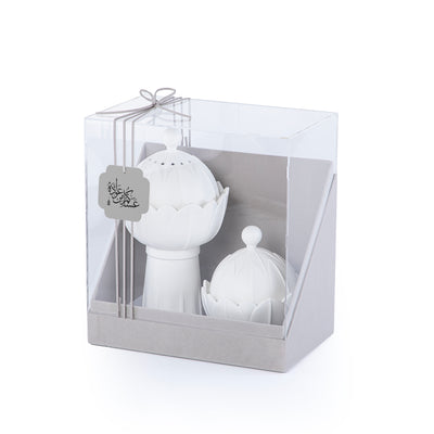طقم مكون من مبخر و وعاء سيراميك مع بوكس هدايا - أبيض 