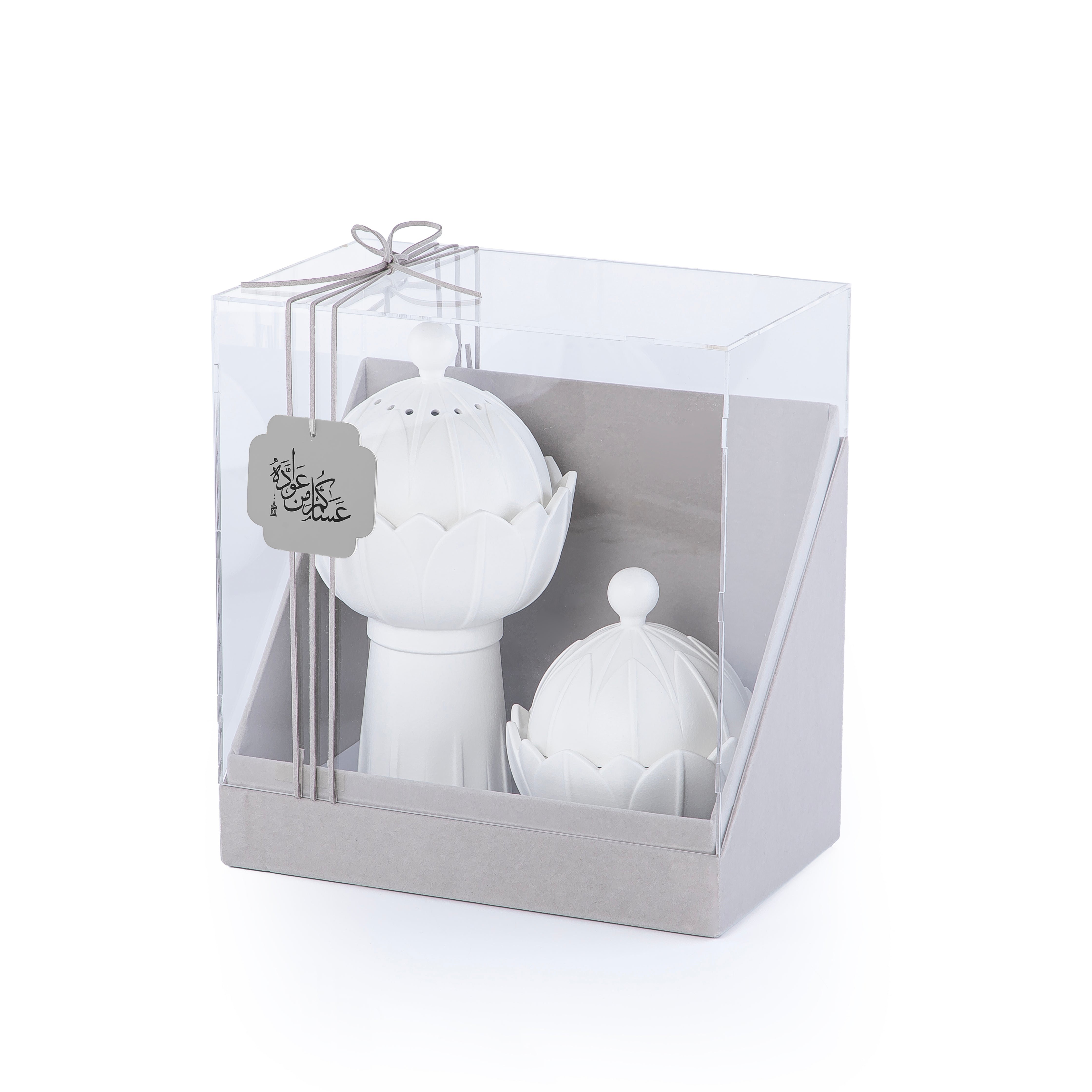 طقم مكون من مبخر و وعاء سيراميك مع بوكس هدايا - أبيض 