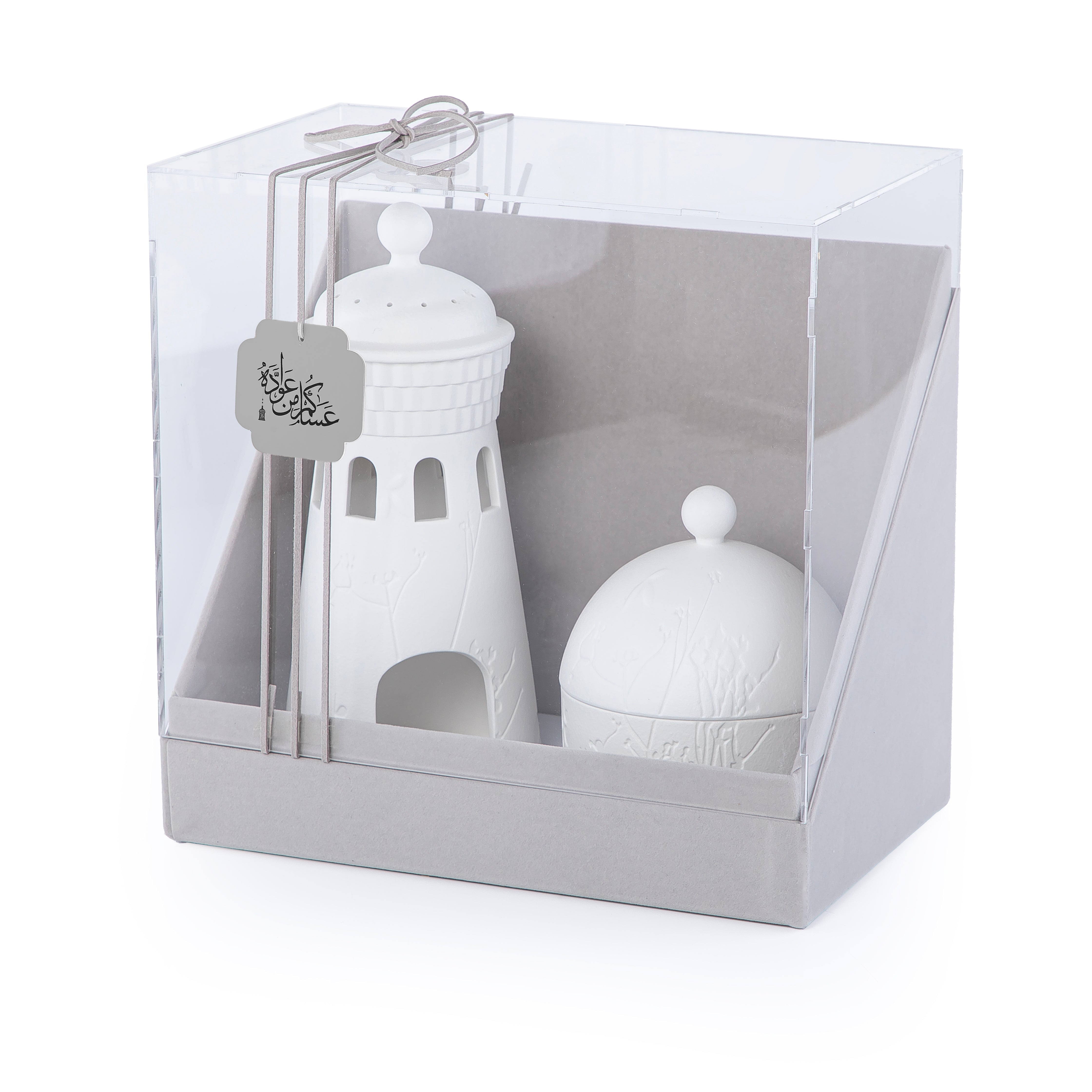 طقم مكون من مبخر و وعاء سيراميك مع بوكس هدايا - أبيض 