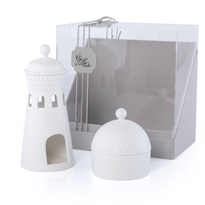 طقم مكون من مبخر و وعاء سيراميك مع بوكس هدايا - أبيض 