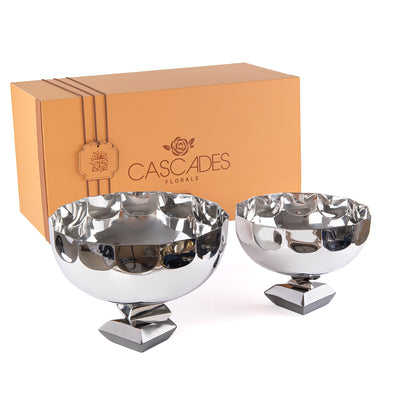 Set of 2 Round Metal Serving Bowl with base stand with gift box - Silver
