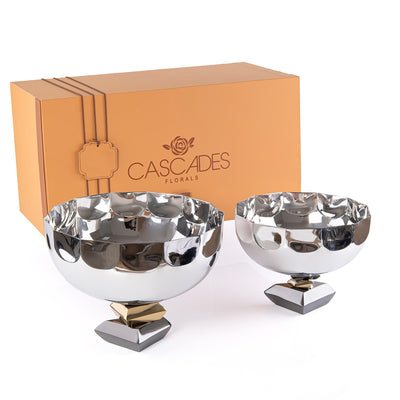 طقم 2 وعاء تقديم معدن دائري مع قاعدة مع بوكس هدايا - ذهبي و أسود