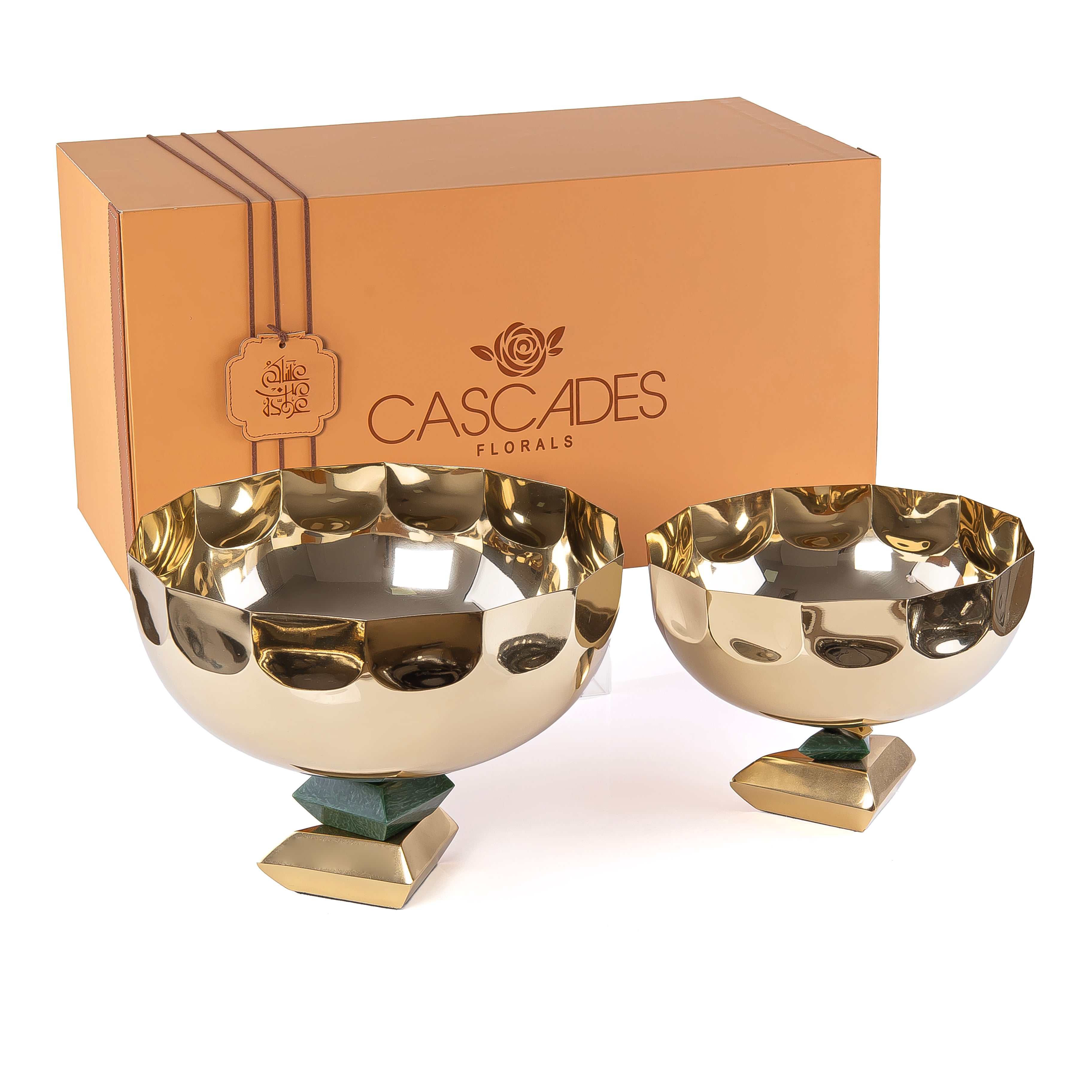 Set of 2 Round Metal Serving Bowl with base stand with gift box- Gold and Green