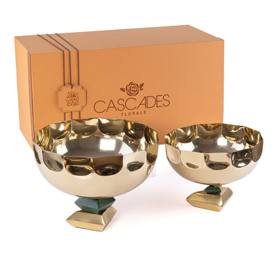 Set of 2 Round Metal Serving Bowl with base stand with gift box- Gold and Green