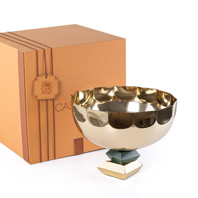 Round Metal Serving Bowl with base stand with gift box - Gold & Green