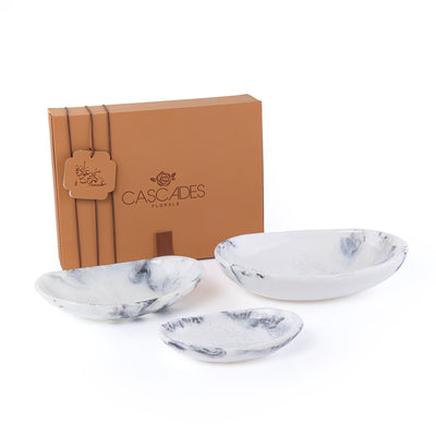 طقم 3 طبق تقديم راتنج مع بوكس هدايا - أبيض و أسود