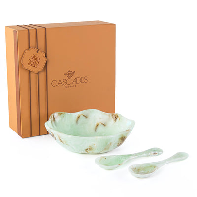Set of Resin Large Bowl , 2 Spoons with gift box - Green